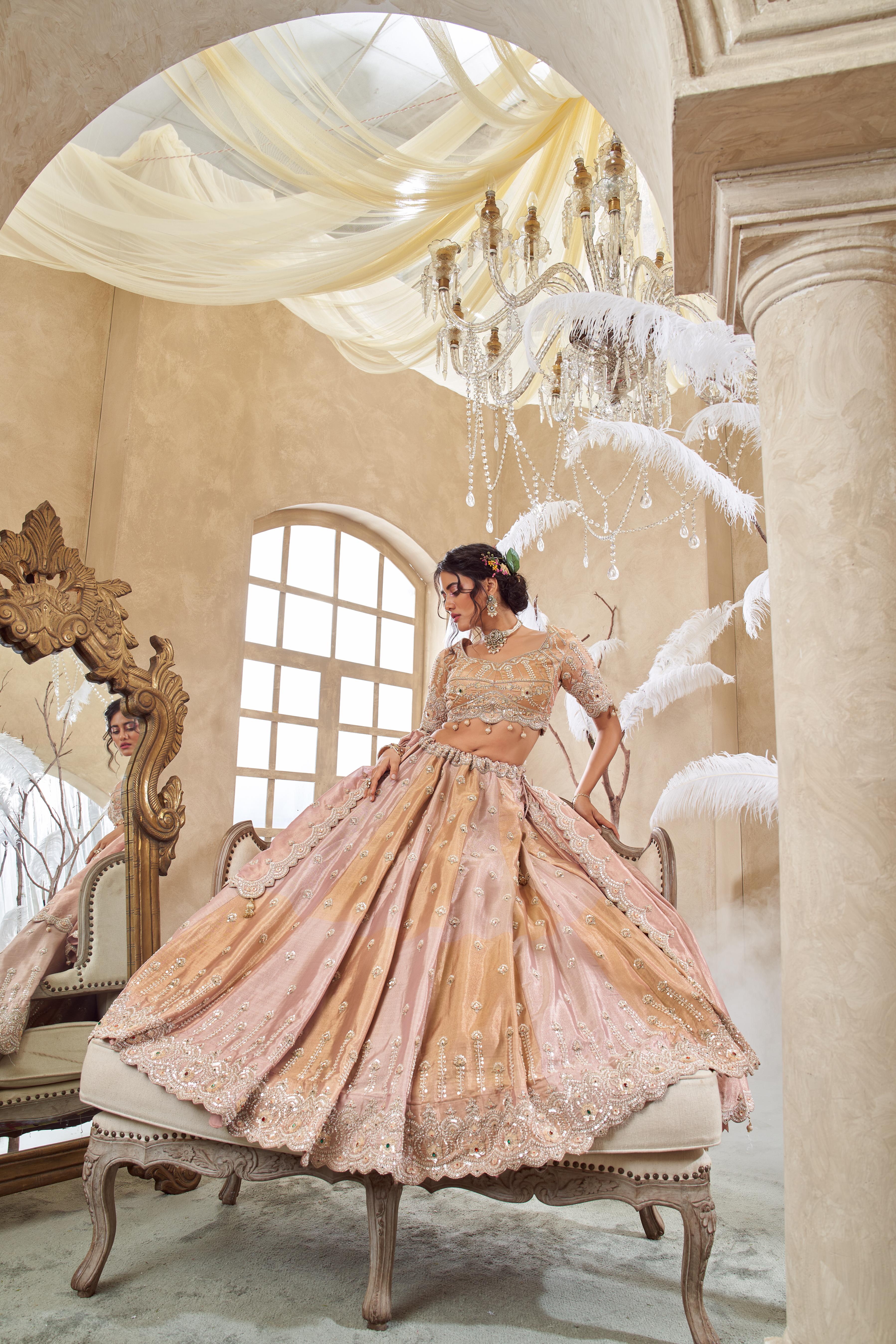 Blush Pink Embellished Shimmer Tissue Silk Lehenga Set - Image 2