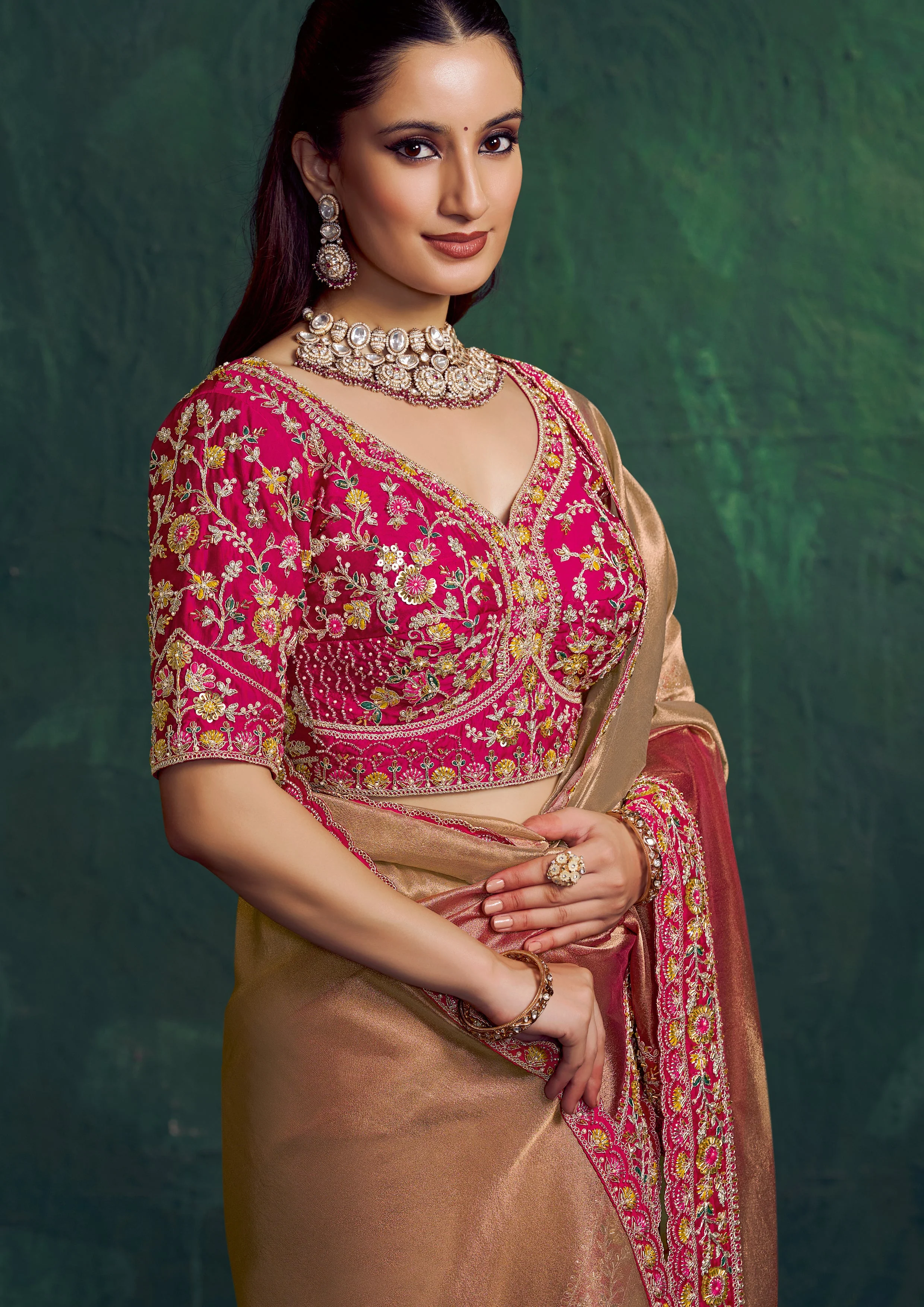 Copper Gold Embroidered Shimmer Tissue Silk Saree - Image 2