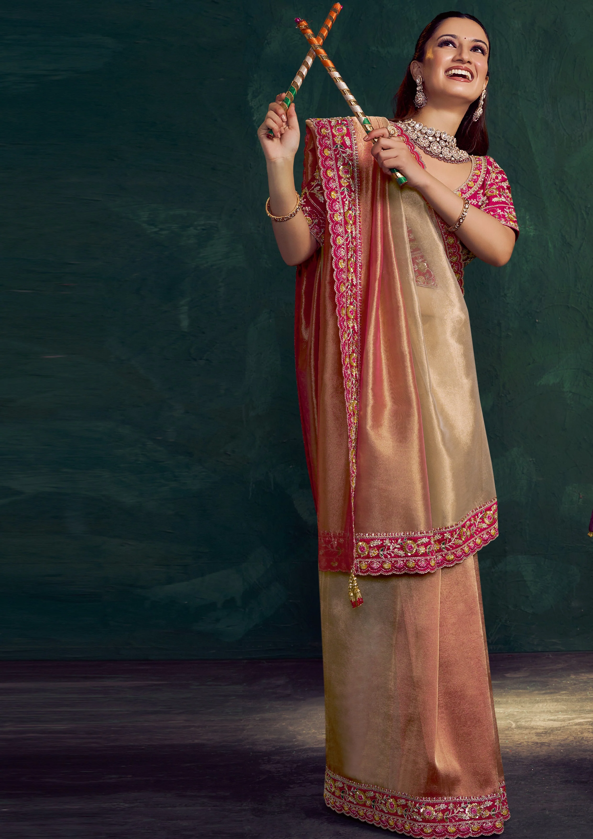 Copper Gold Embroidered Shimmer Tissue Silk Saree - Image 3