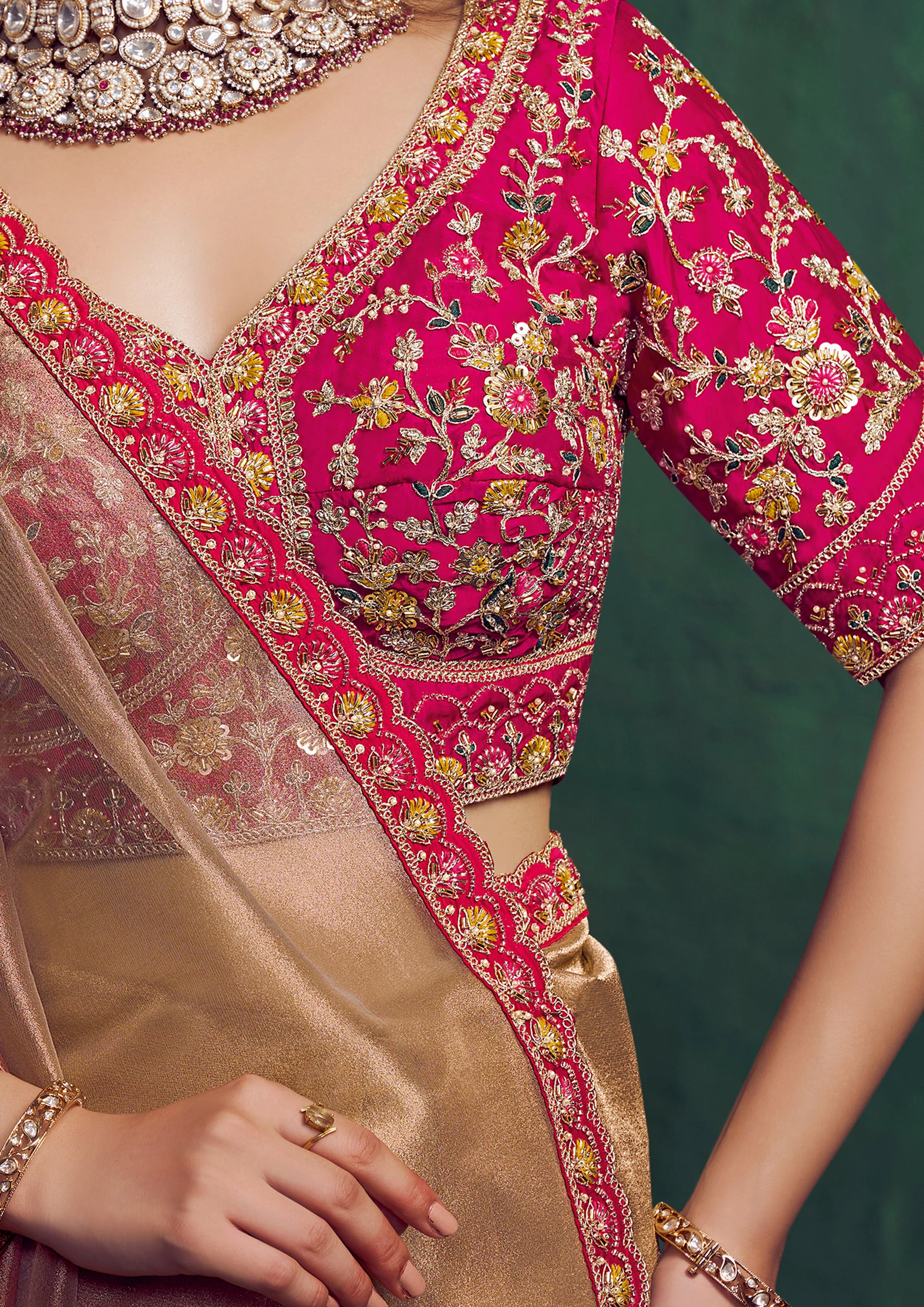 Copper Gold Embroidered Shimmer Tissue Silk Saree - Image 4