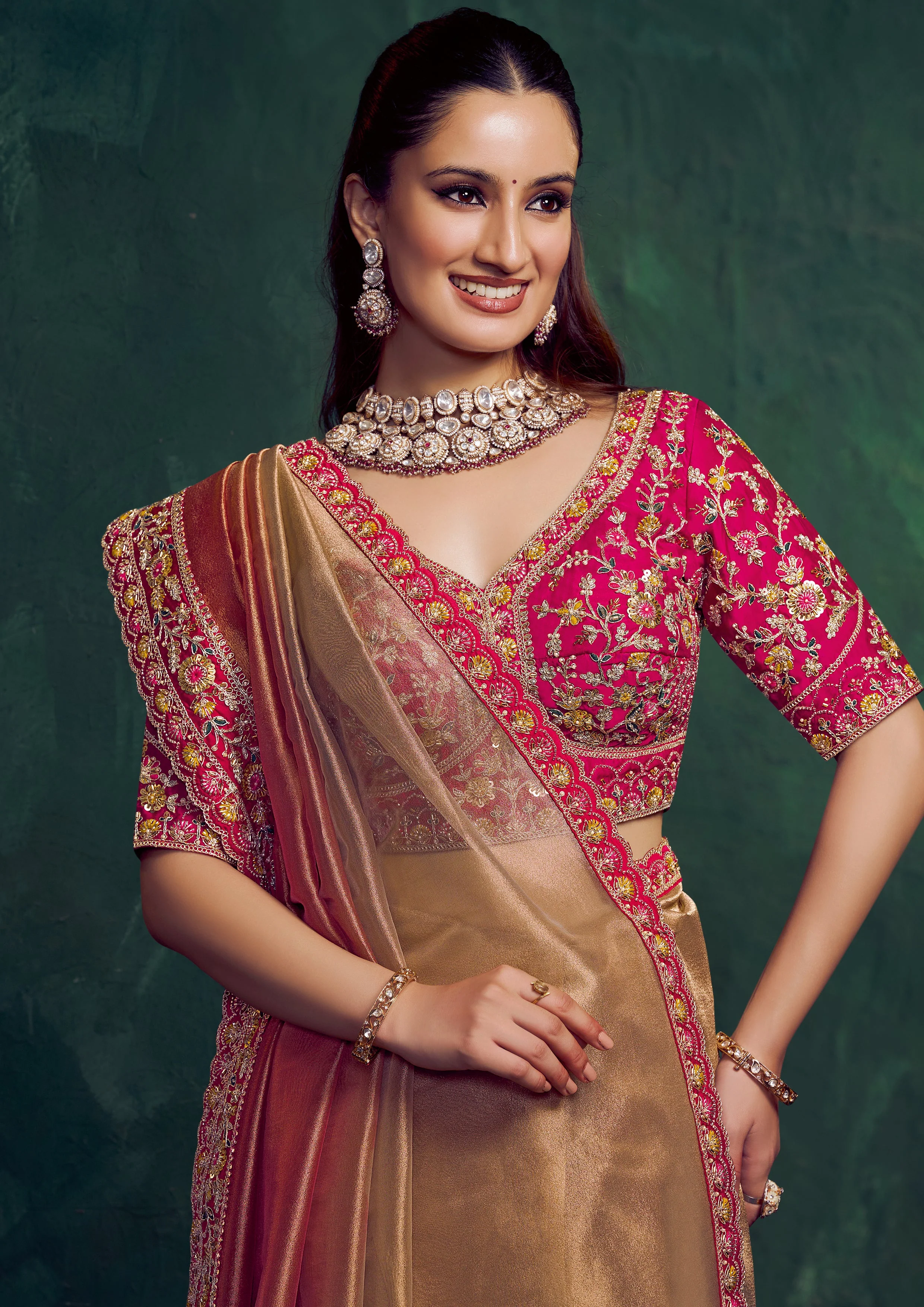 Copper Gold Embroidered Shimmer Tissue Silk Saree - Image 5