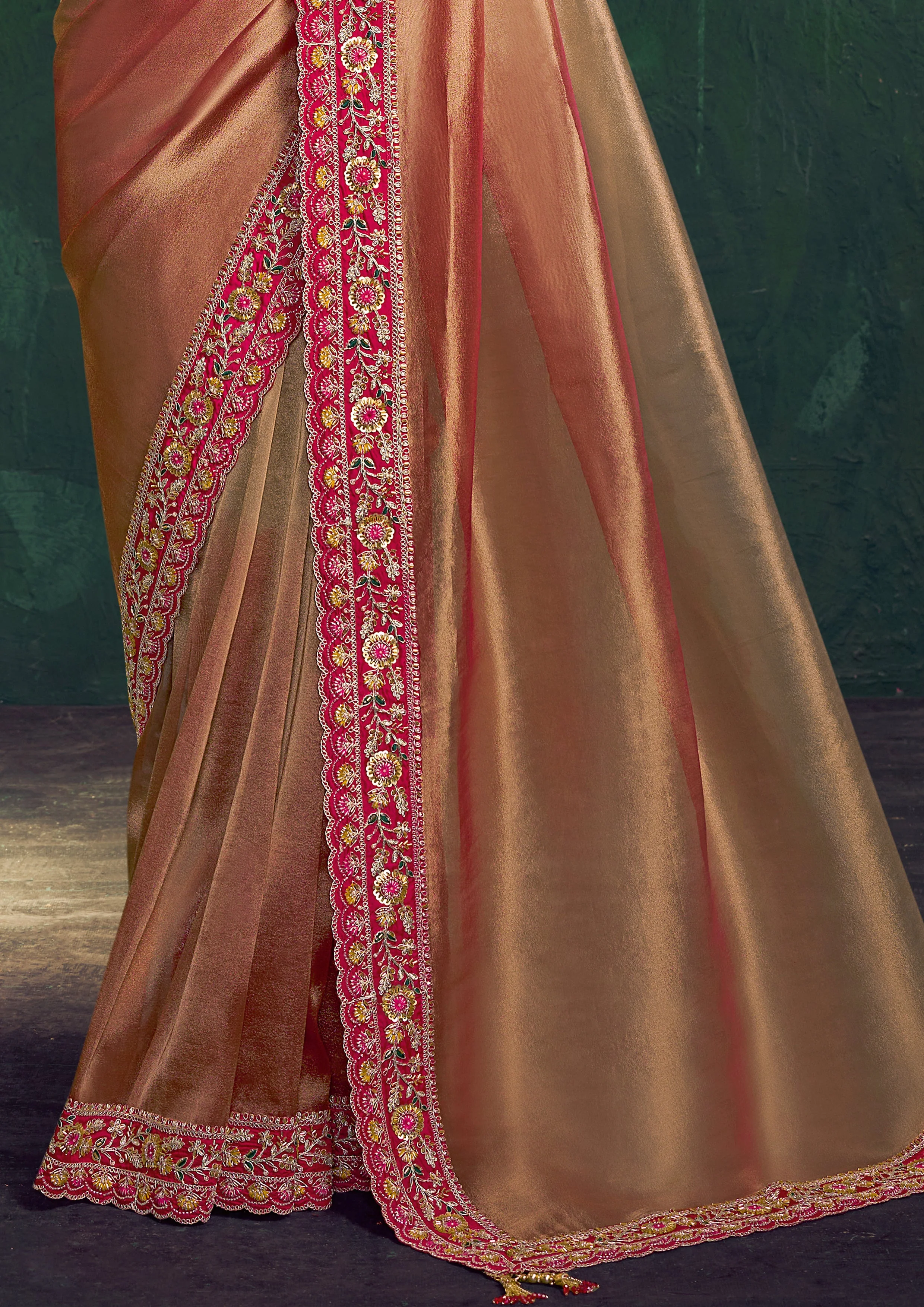 Copper Gold Embroidered Shimmer Tissue Silk Saree - Image 6