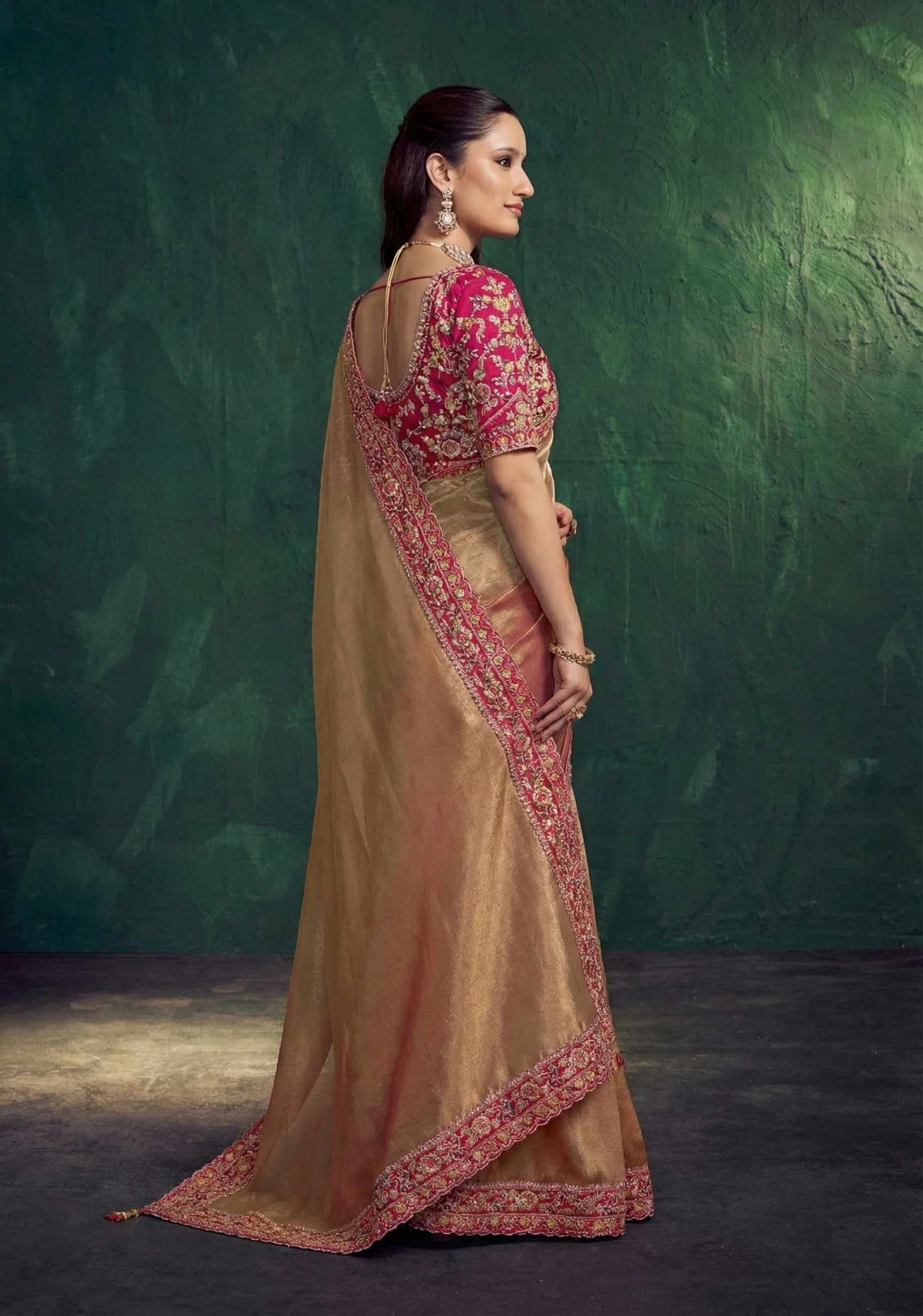 Copper Gold Embroidered Shimmer Tissue Silk Saree - Image 7