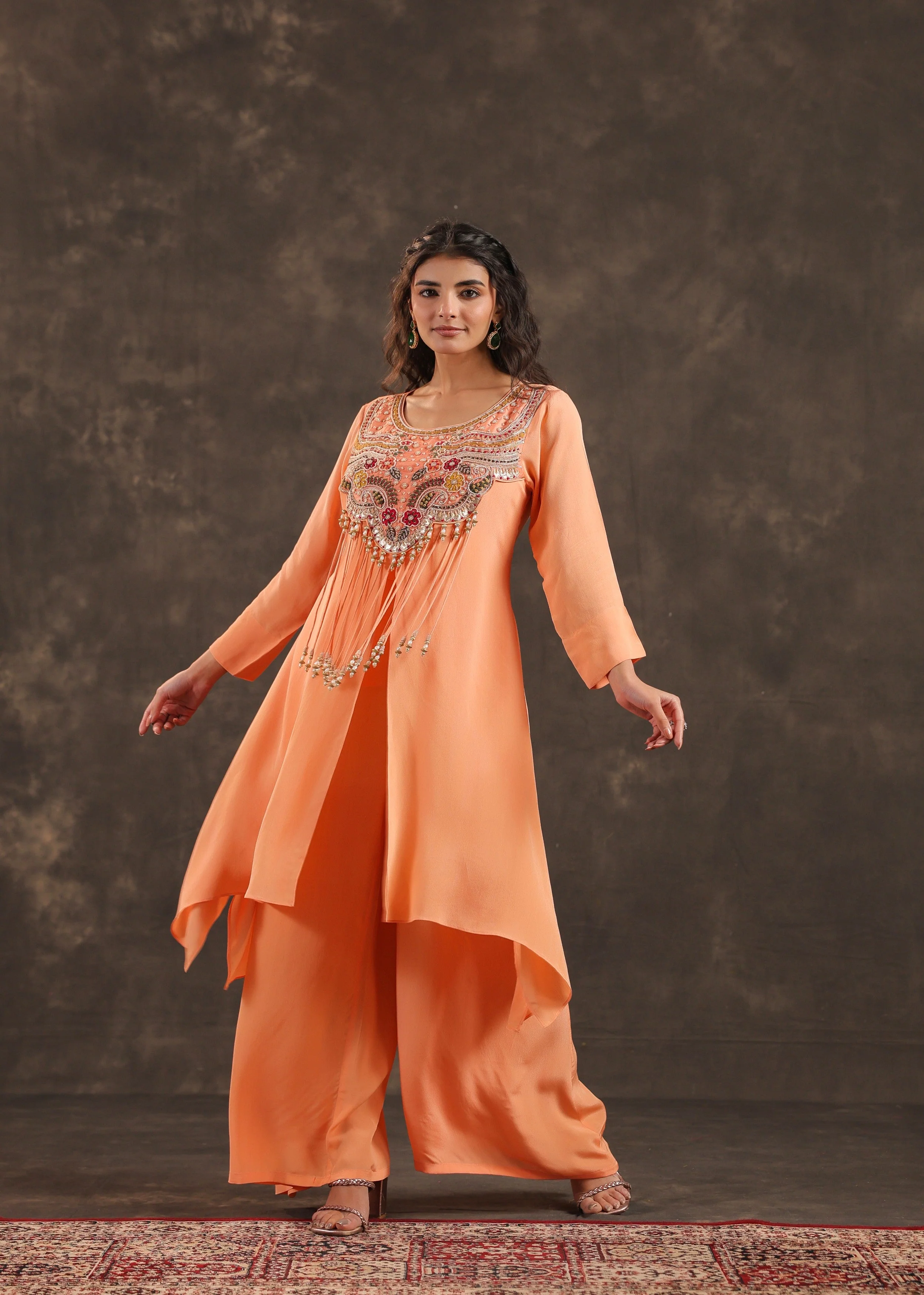 Coral Bloom Embellished Crepe Silk Palazzo Set - Image 3