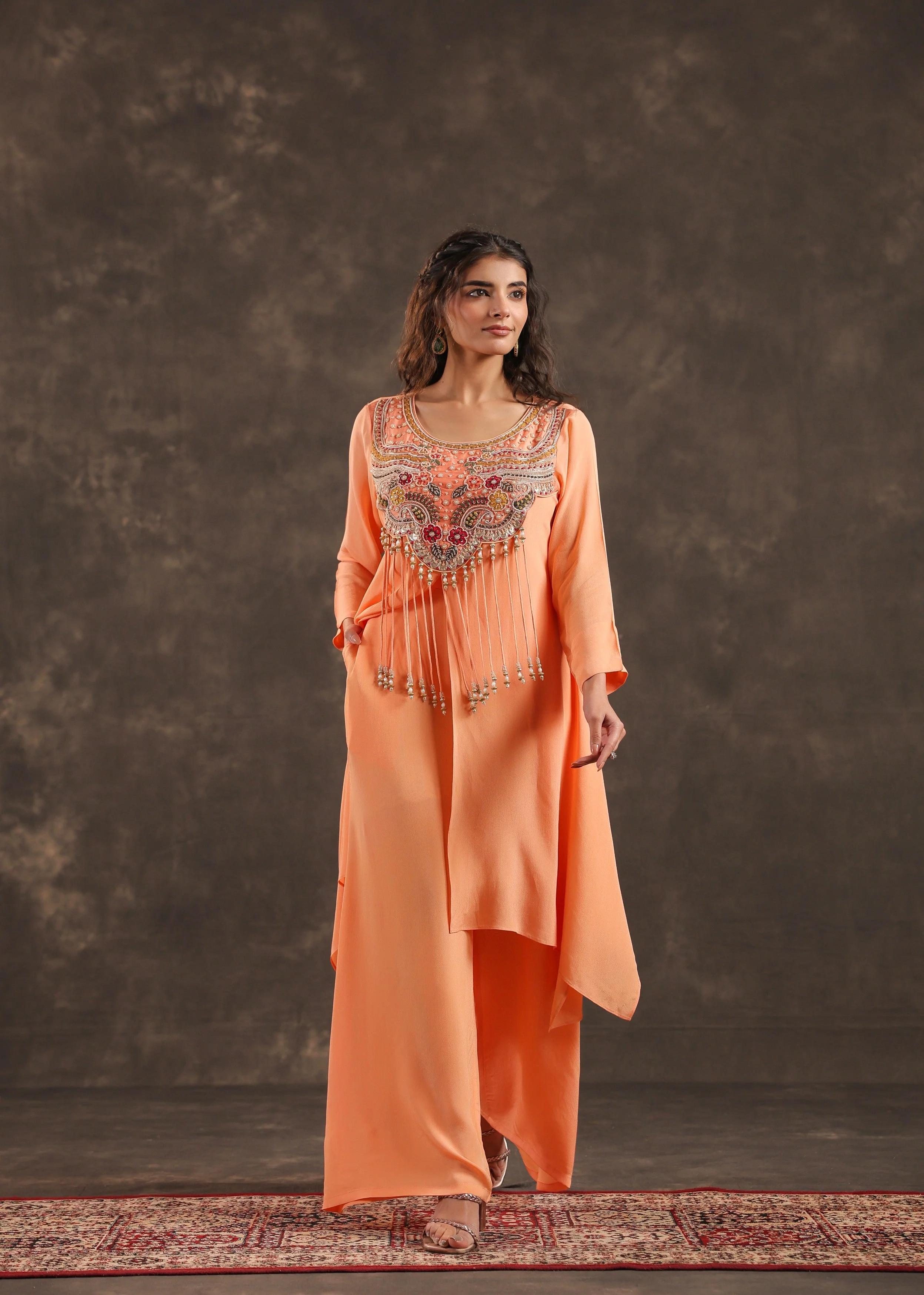 Coral Bloom Embellished Crepe Silk Palazzo Set - Image 4