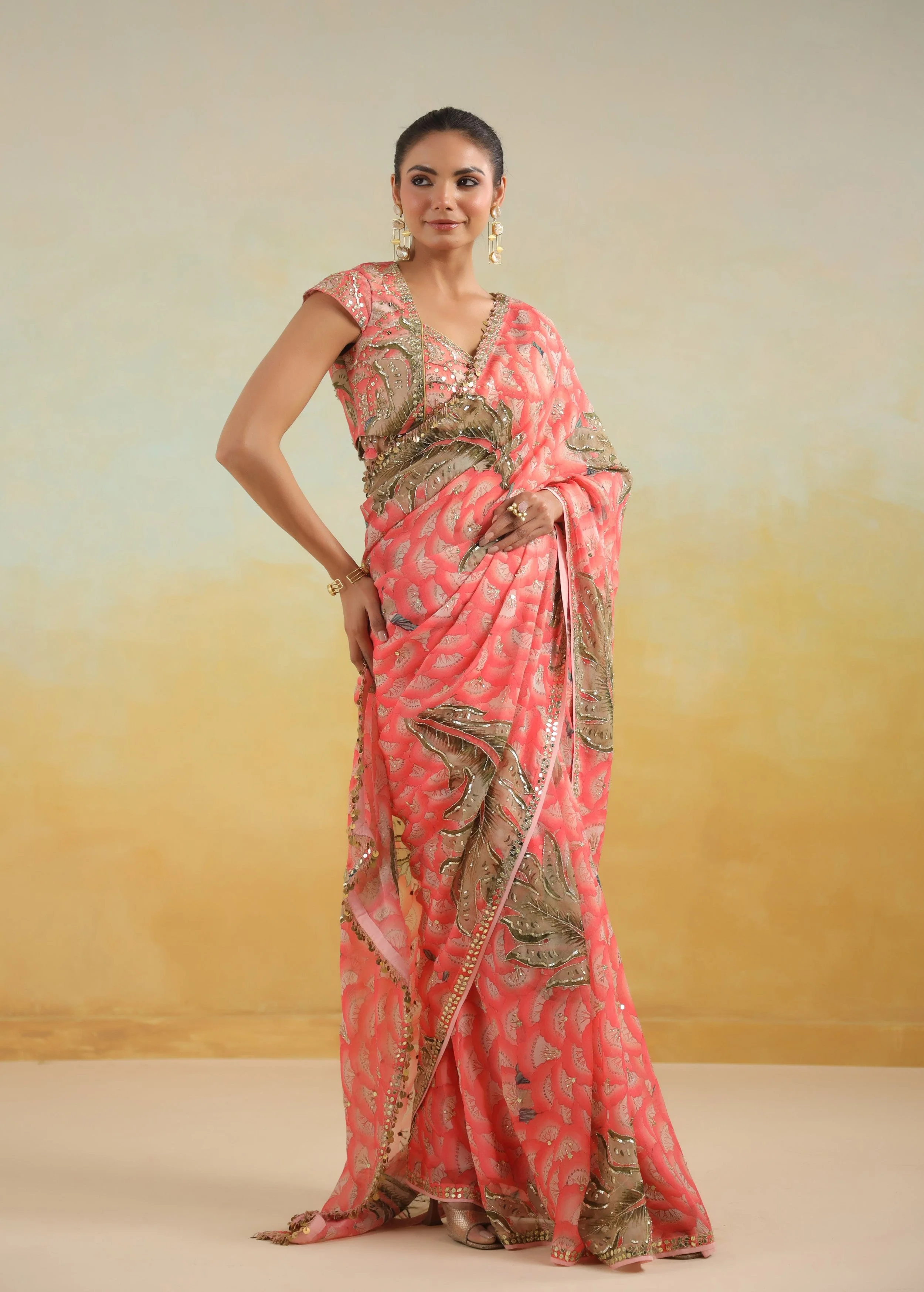 Salmon Pink Floral Printed Chinon Silk Saree