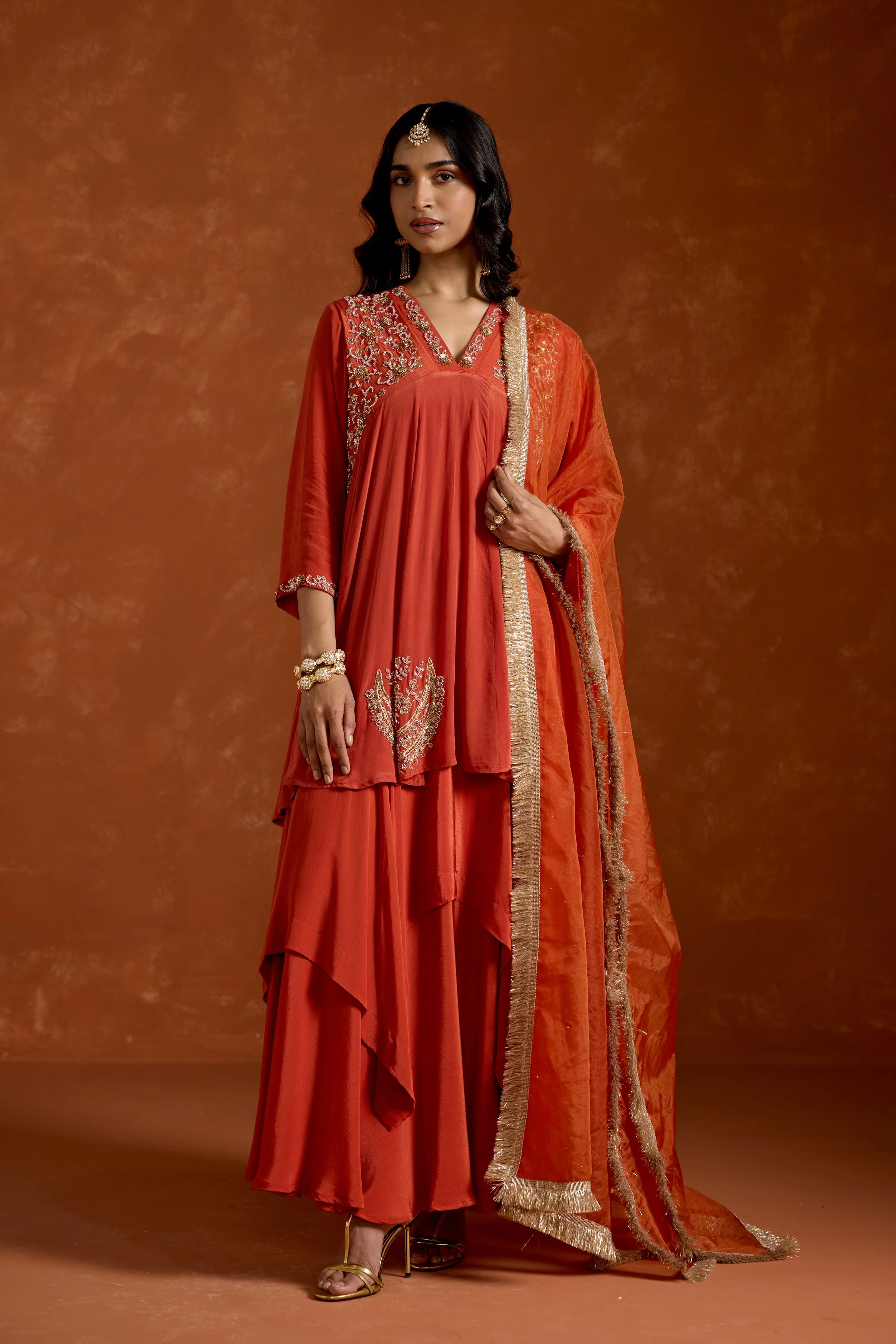 Coral Orange Embellished Chinon Silk Anarkali Set