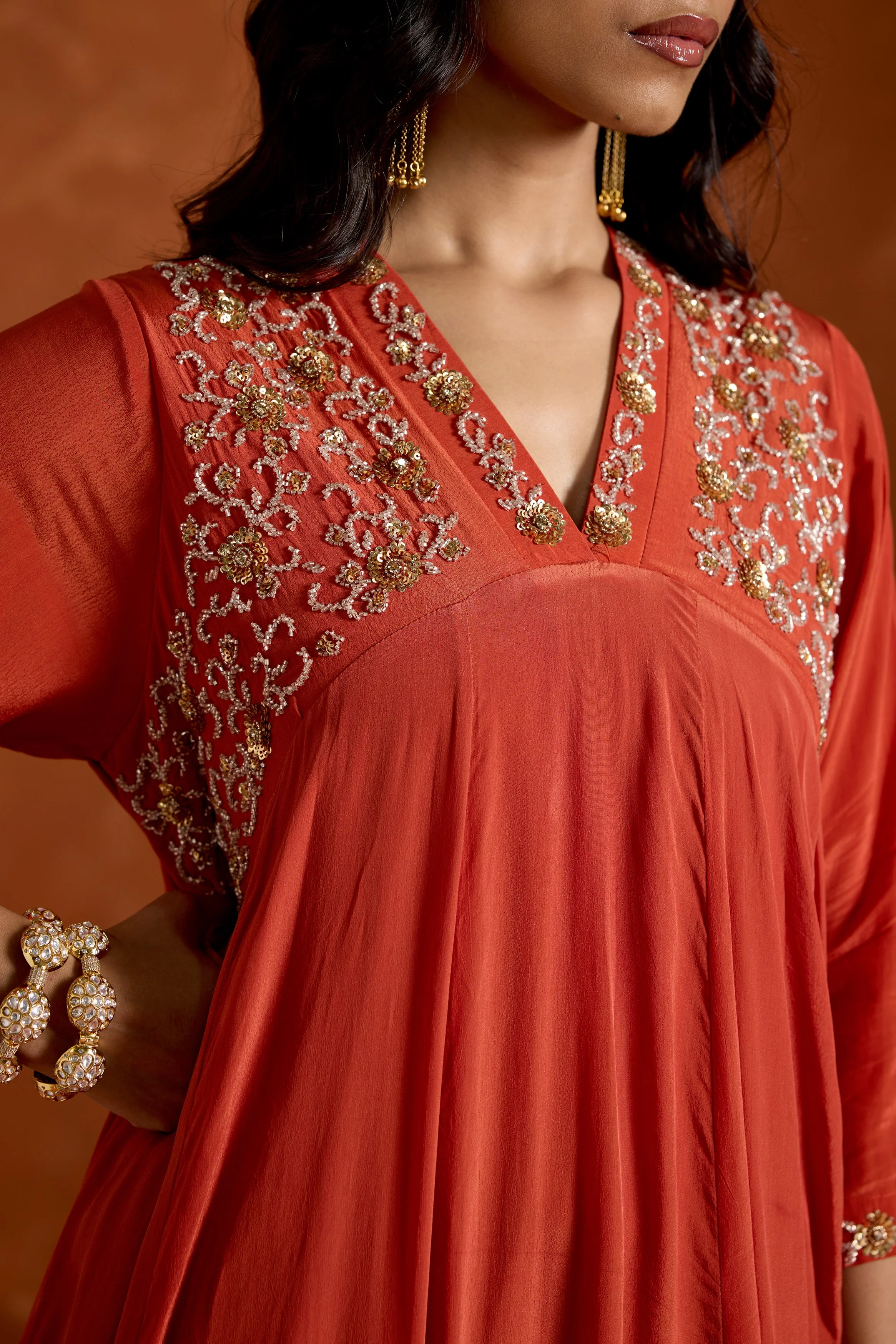 Coral Orange Embellished Chinon Silk Anarkali Set - Image 2