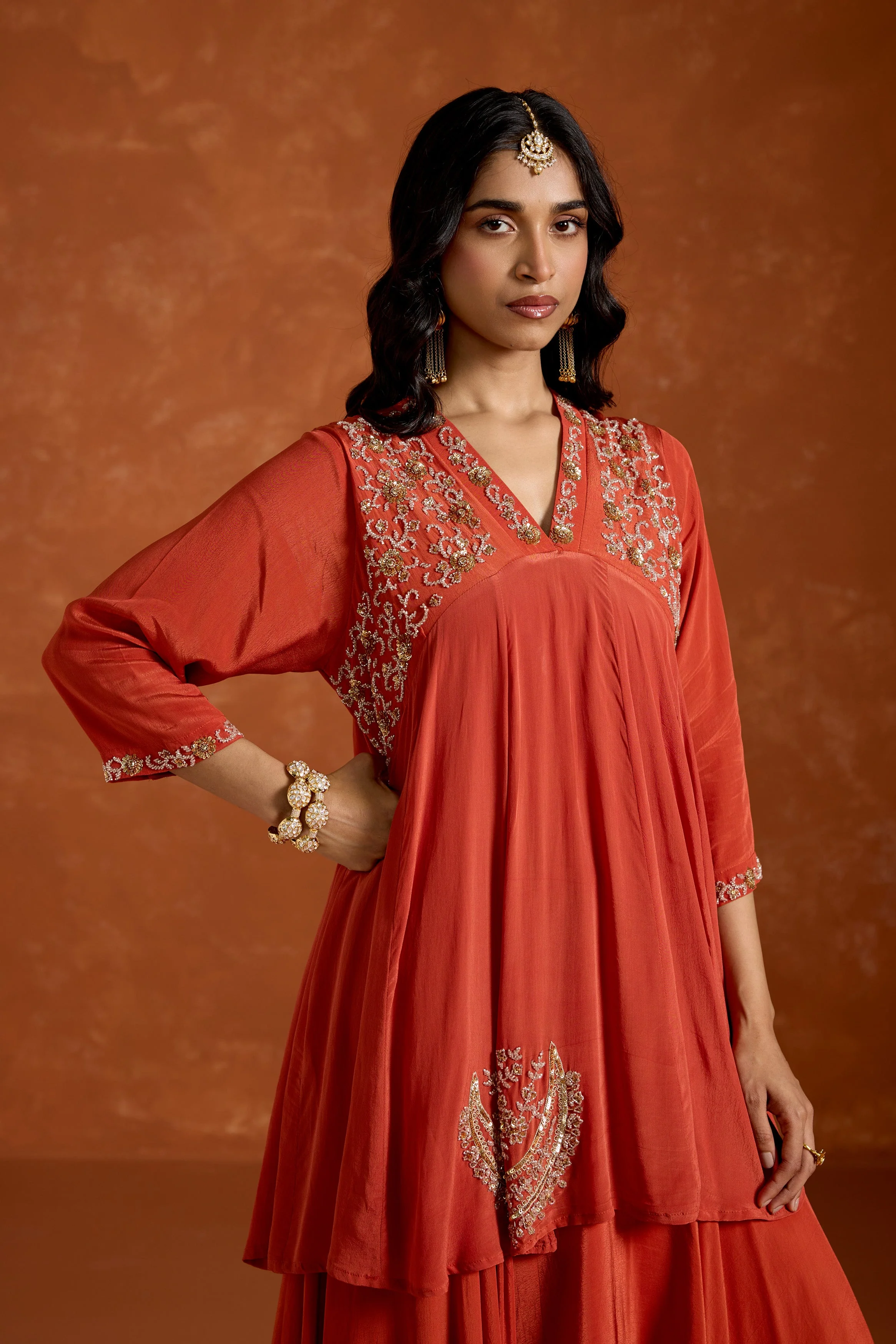 Coral Orange Embellished Chinon Silk Anarkali Set - Image 3