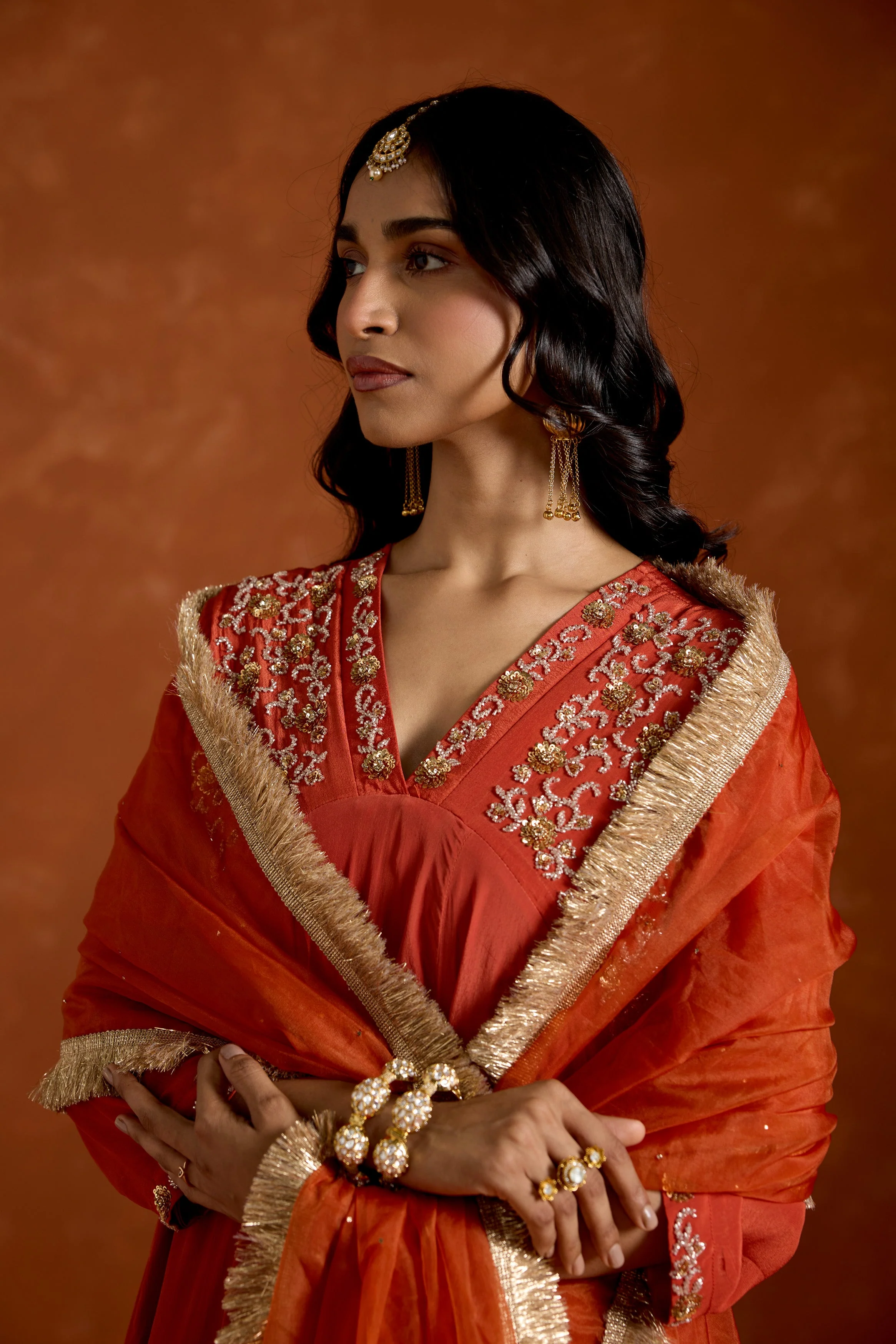 Coral Orange Embellished Chinon Silk Anarkali Set - Image 4