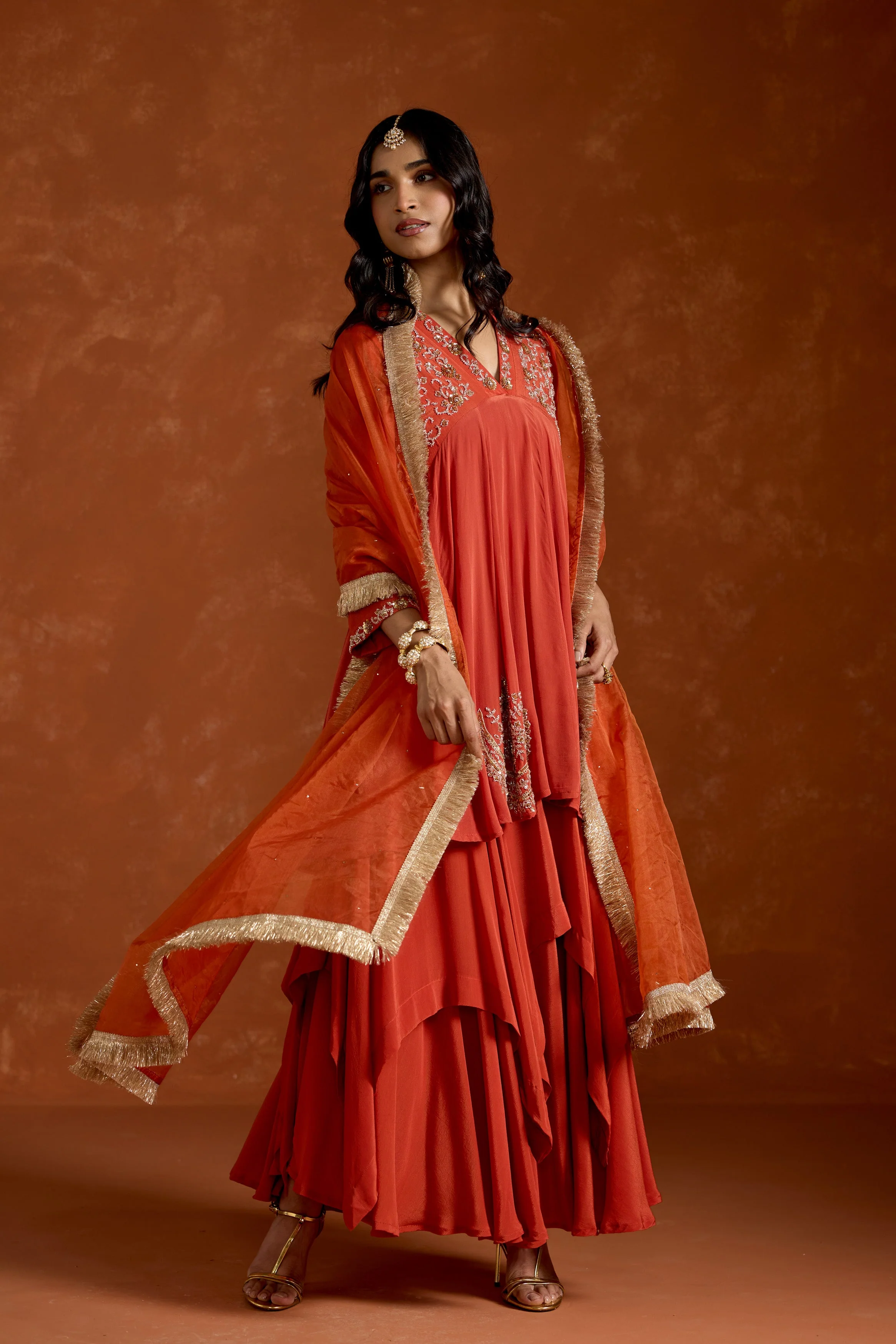 Coral Orange Embellished Chinon Silk Anarkali Set - Image 5