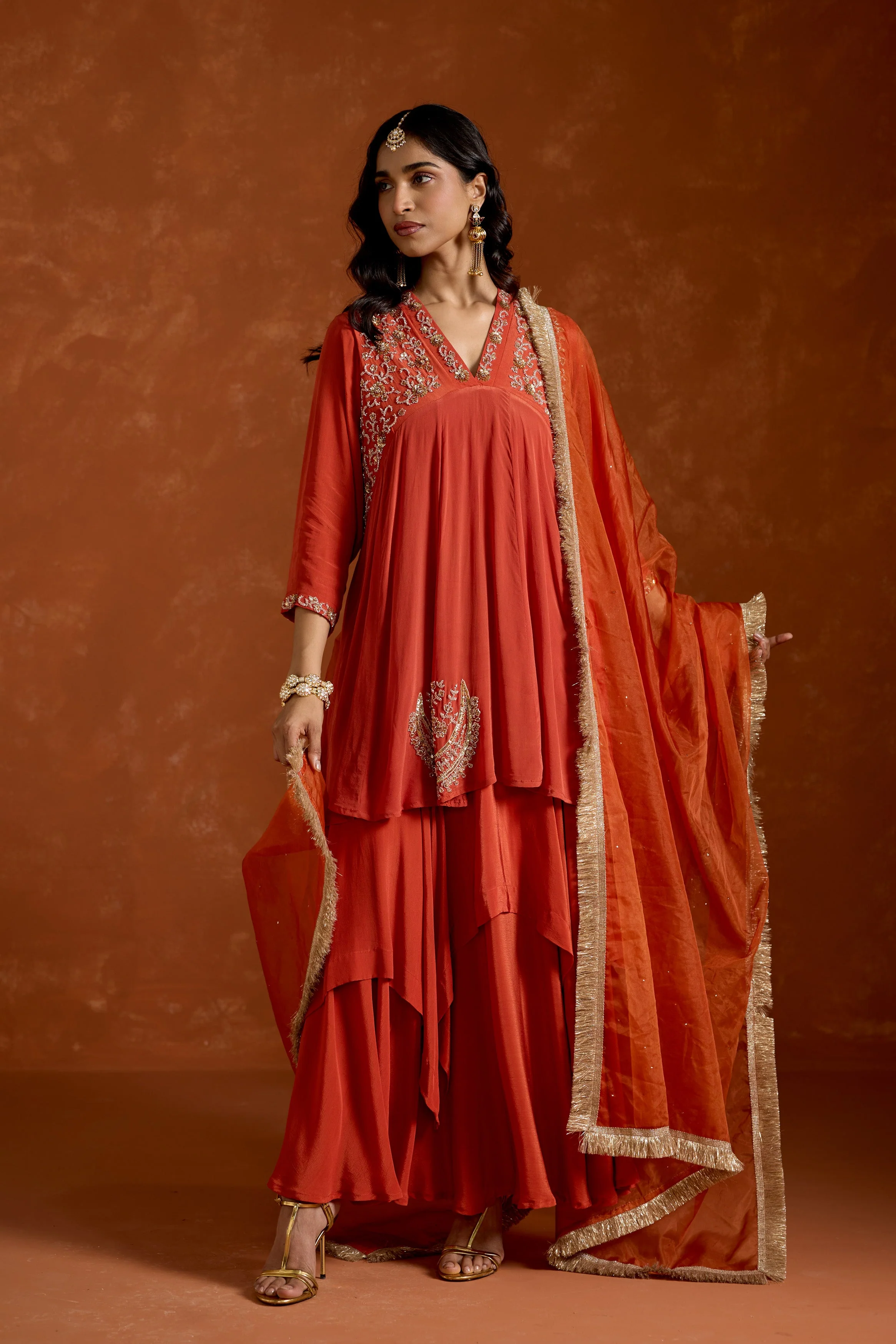 Coral Orange Embellished Chinon Silk Anarkali Set - Image 6
