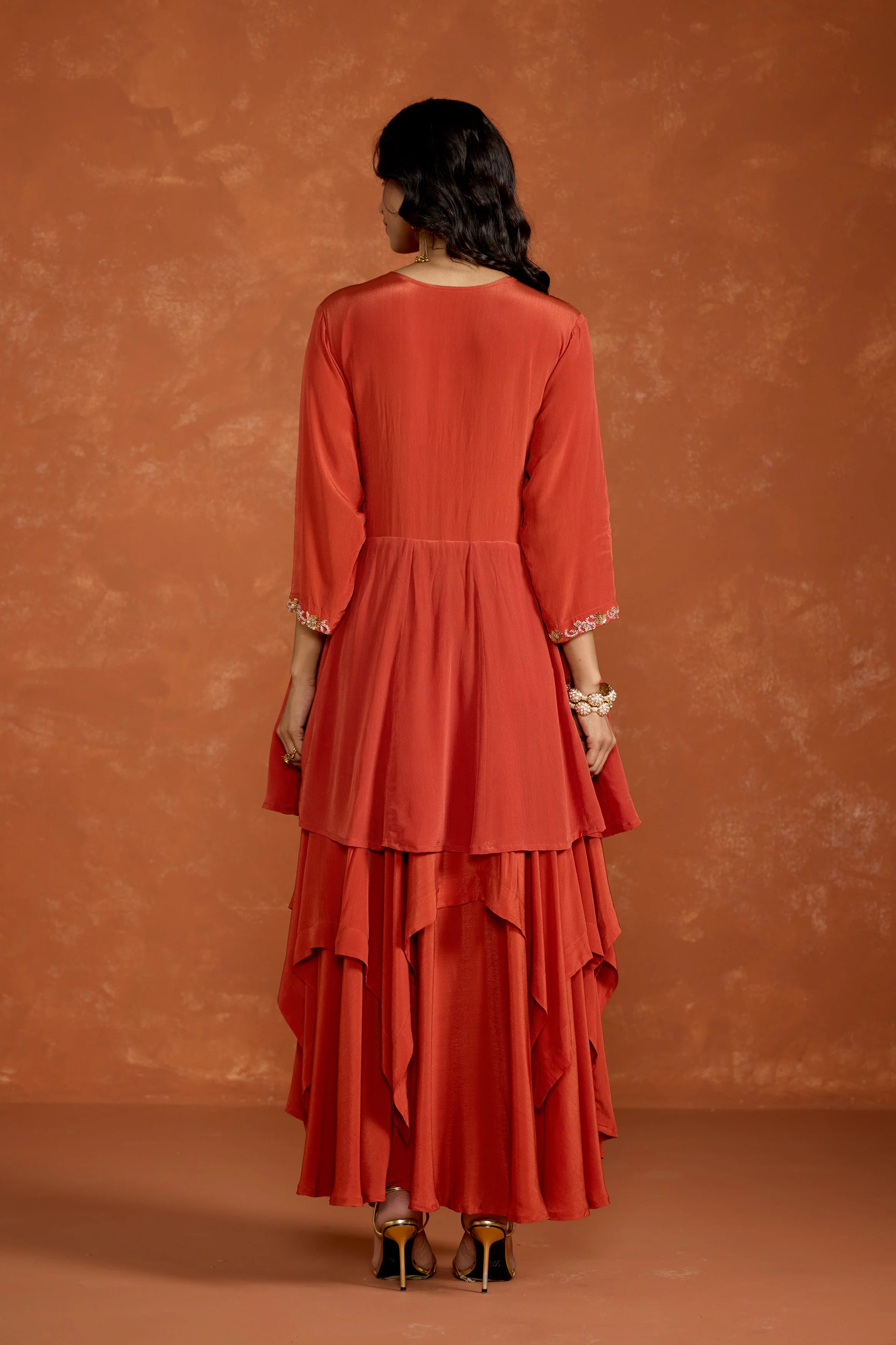 Coral Orange Embellished Chinon Silk Anarkali Set - Image 7