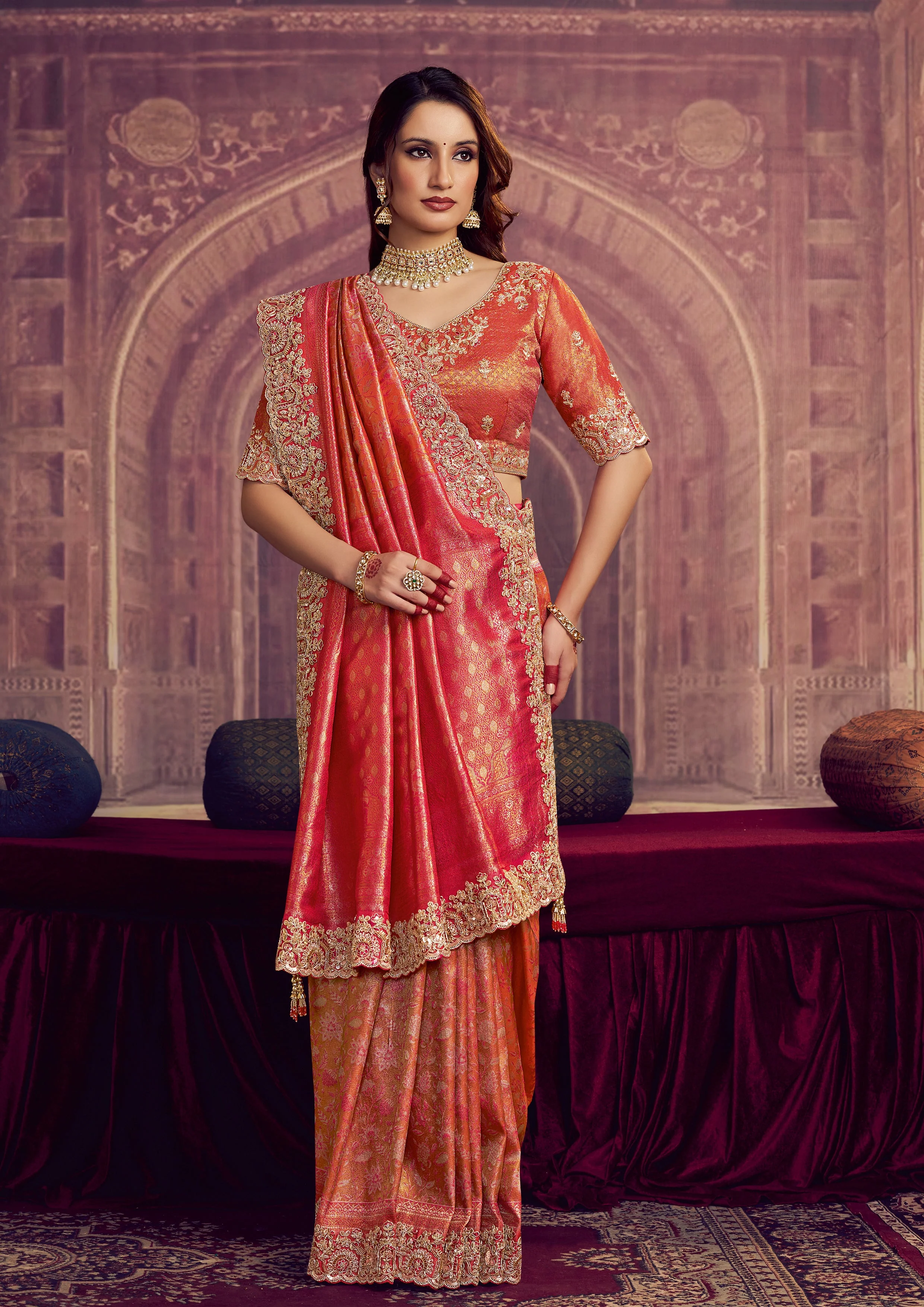 Coral Orange Embellished Kanjivaram Silk Saree - Image 2