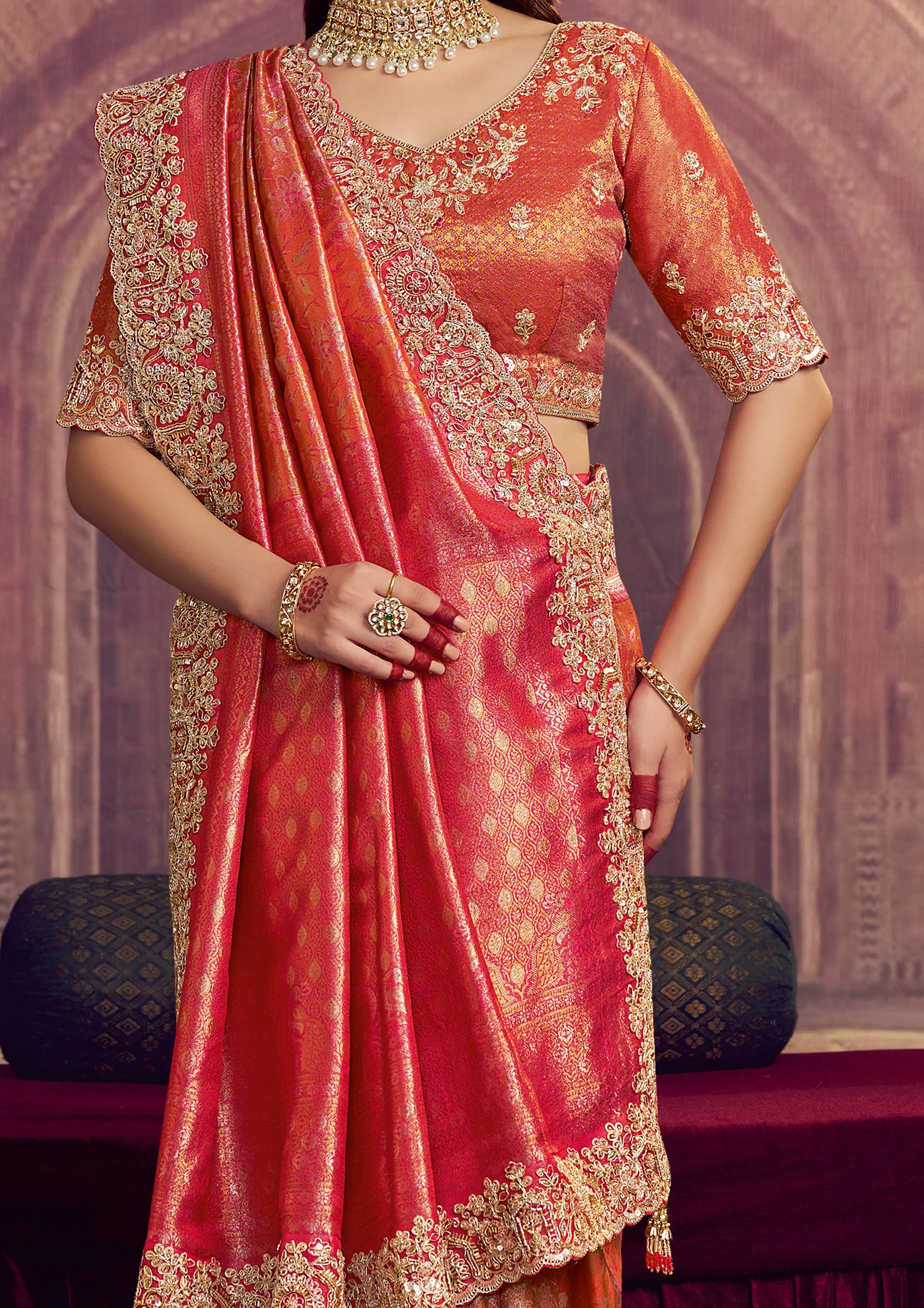 Coral Orange Embellished Kanjivaram Silk Saree - Image 3