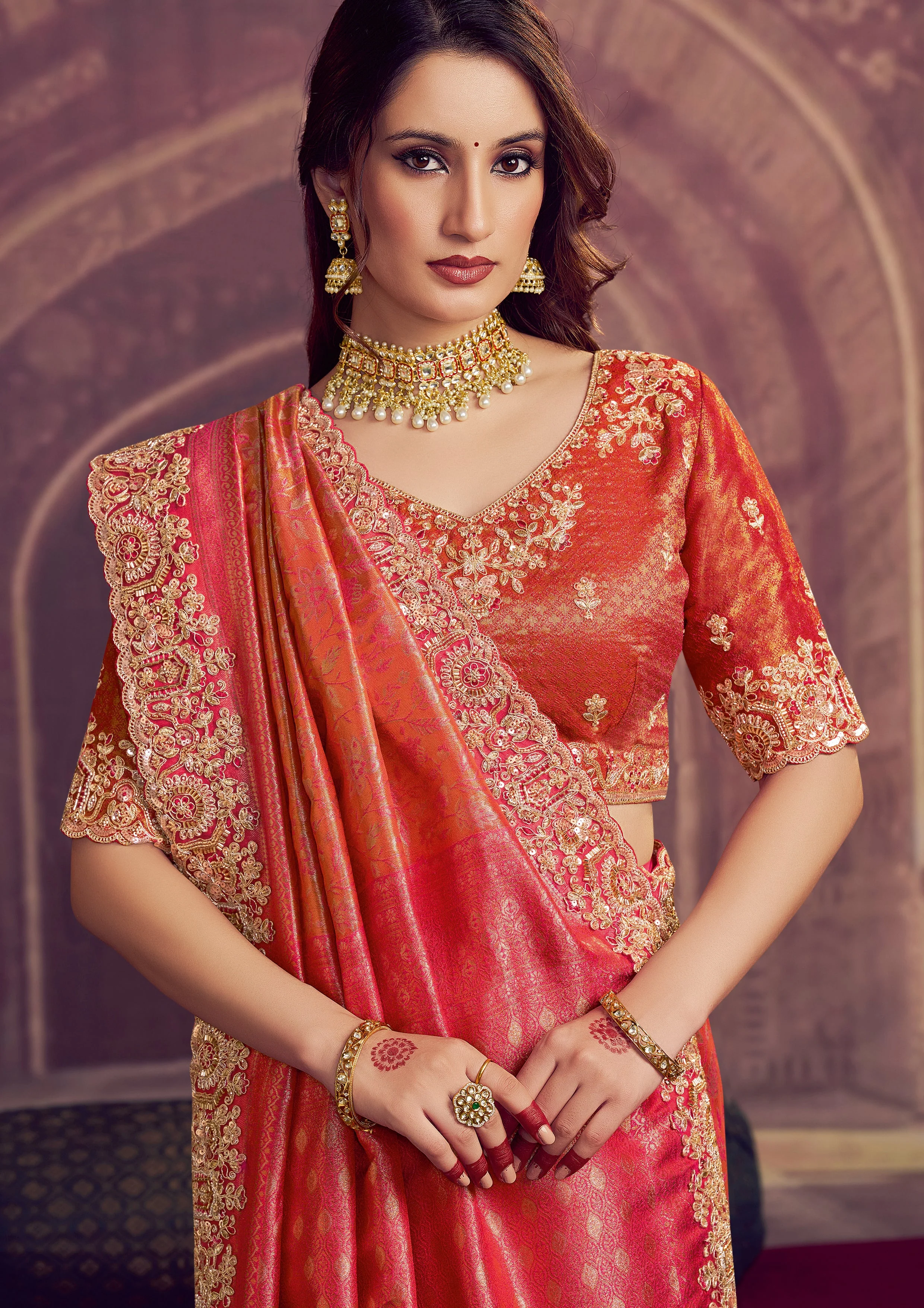 Coral Orange Embellished Kanjivaram Silk Saree - Image 4