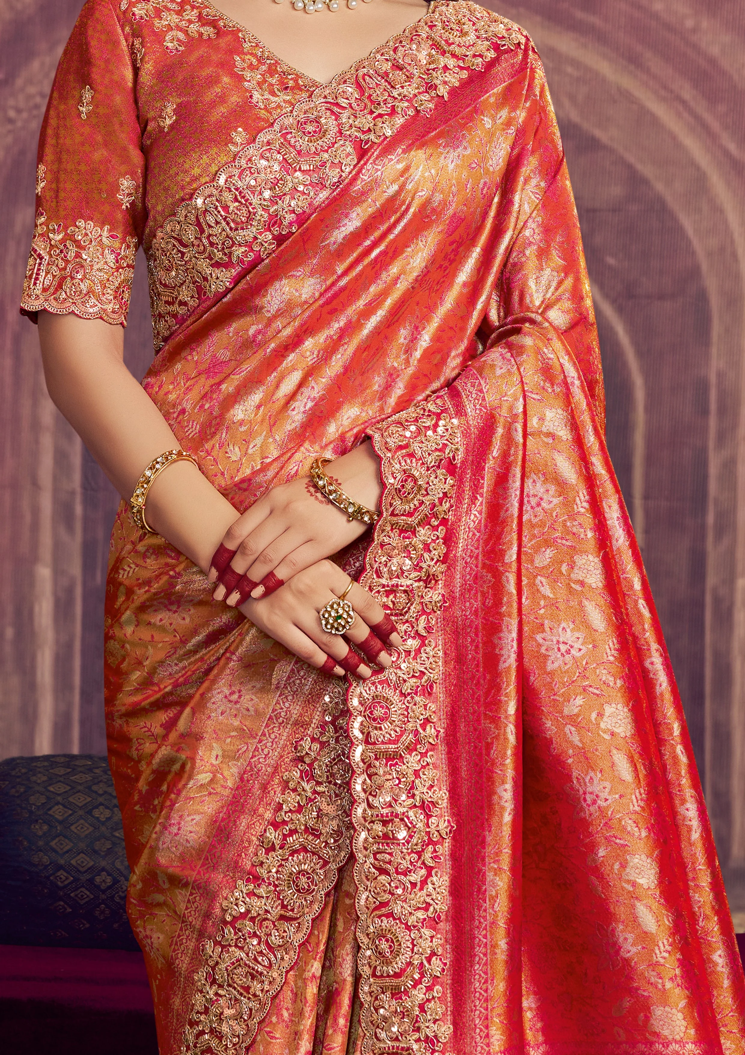Coral Orange Embellished Kanjivaram Silk Saree - Image 5