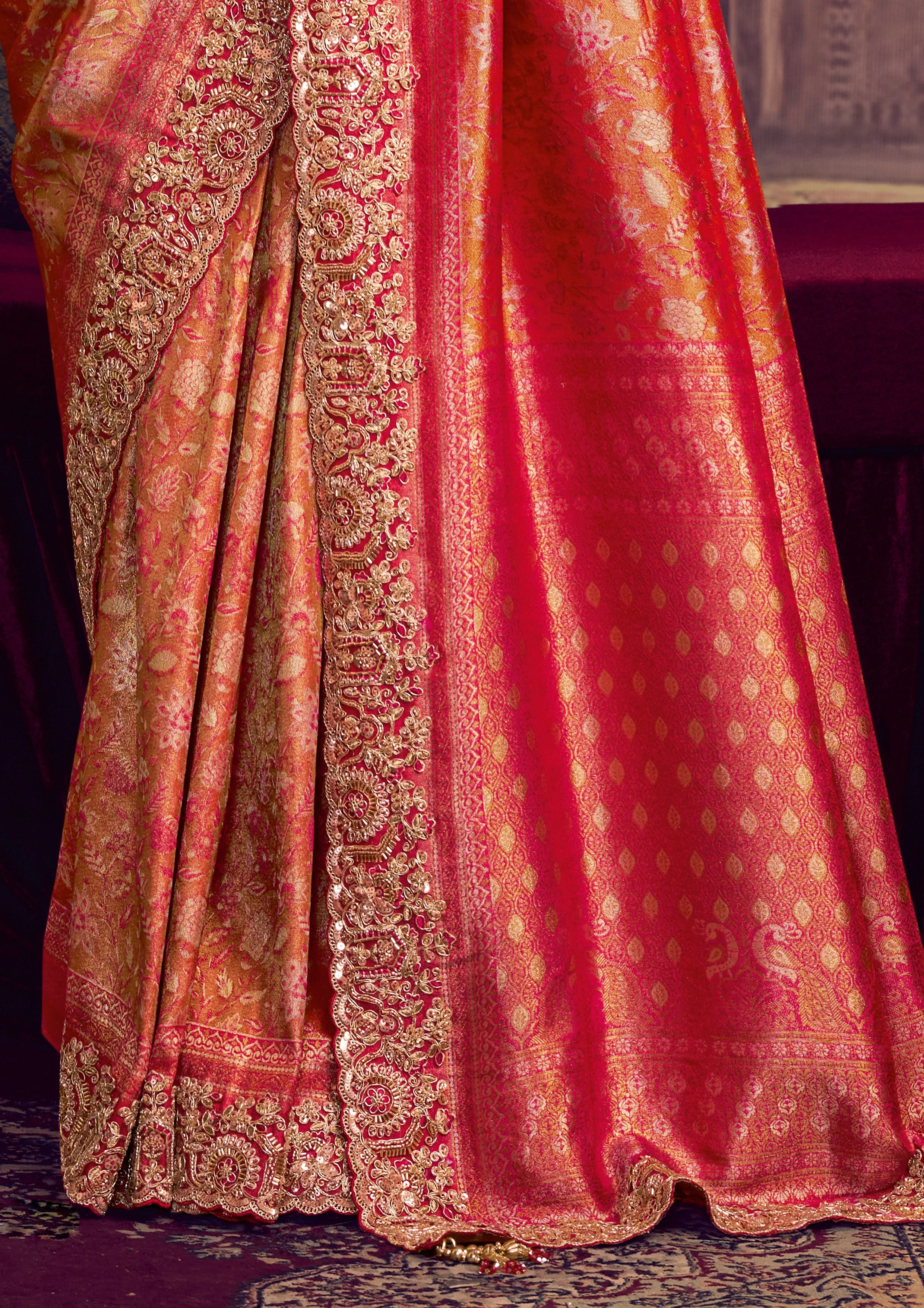 Coral Orange Embellished Kanjivaram Silk Saree - Image 6