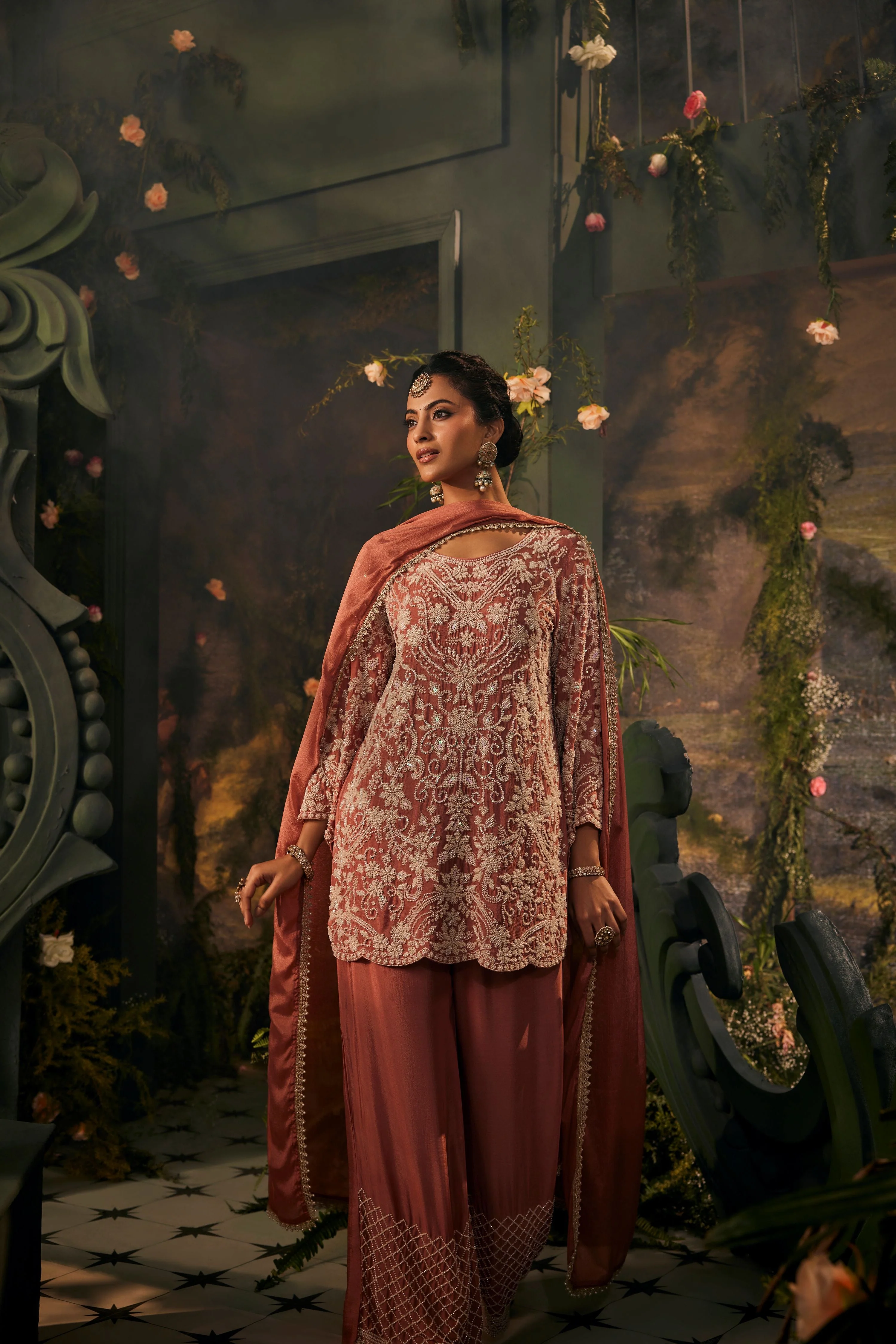 Coral Peach Embellished Crepe Silk Pant Set - Image 2