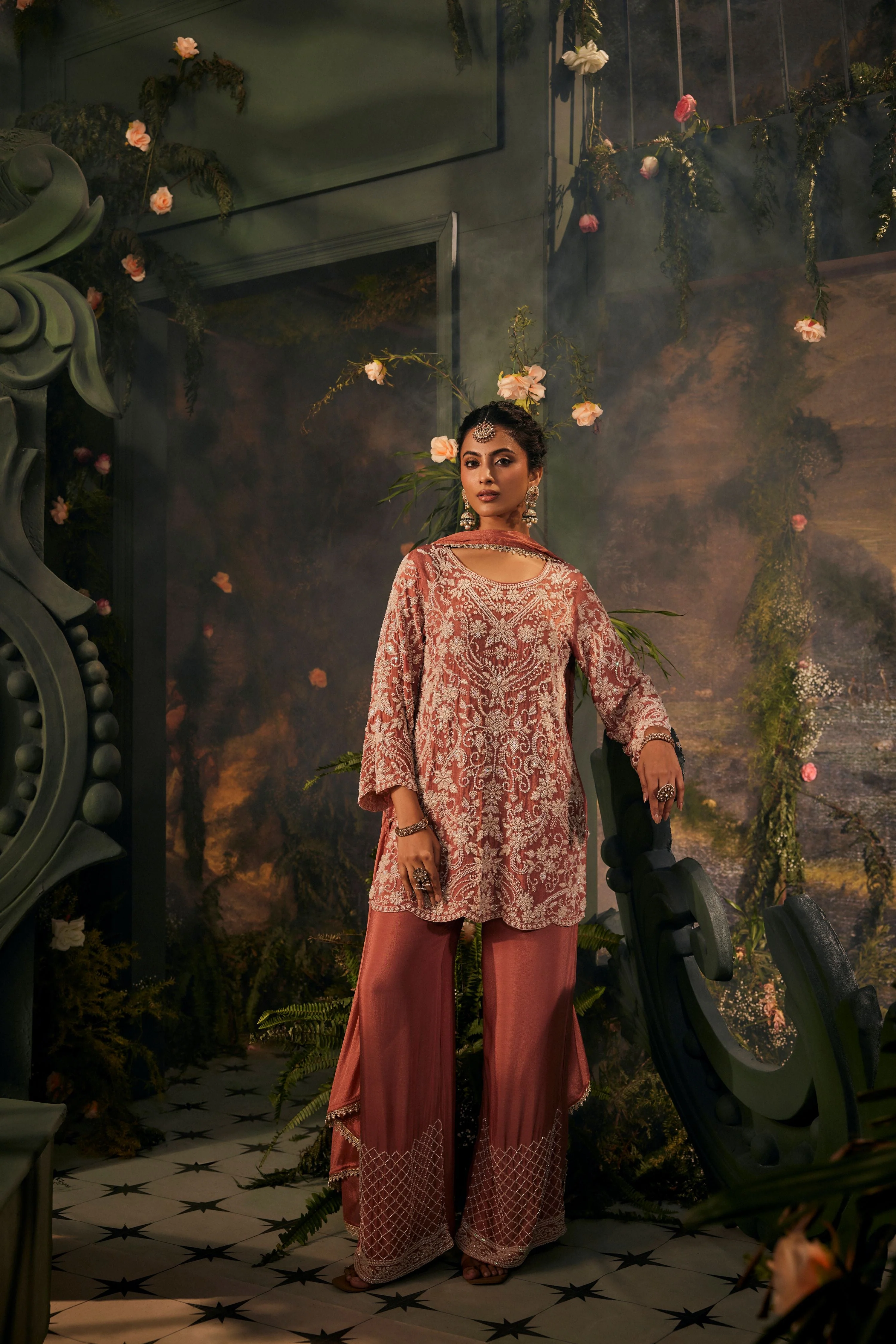 Coral Peach Embellished Crepe Silk Pant Set - Image 3