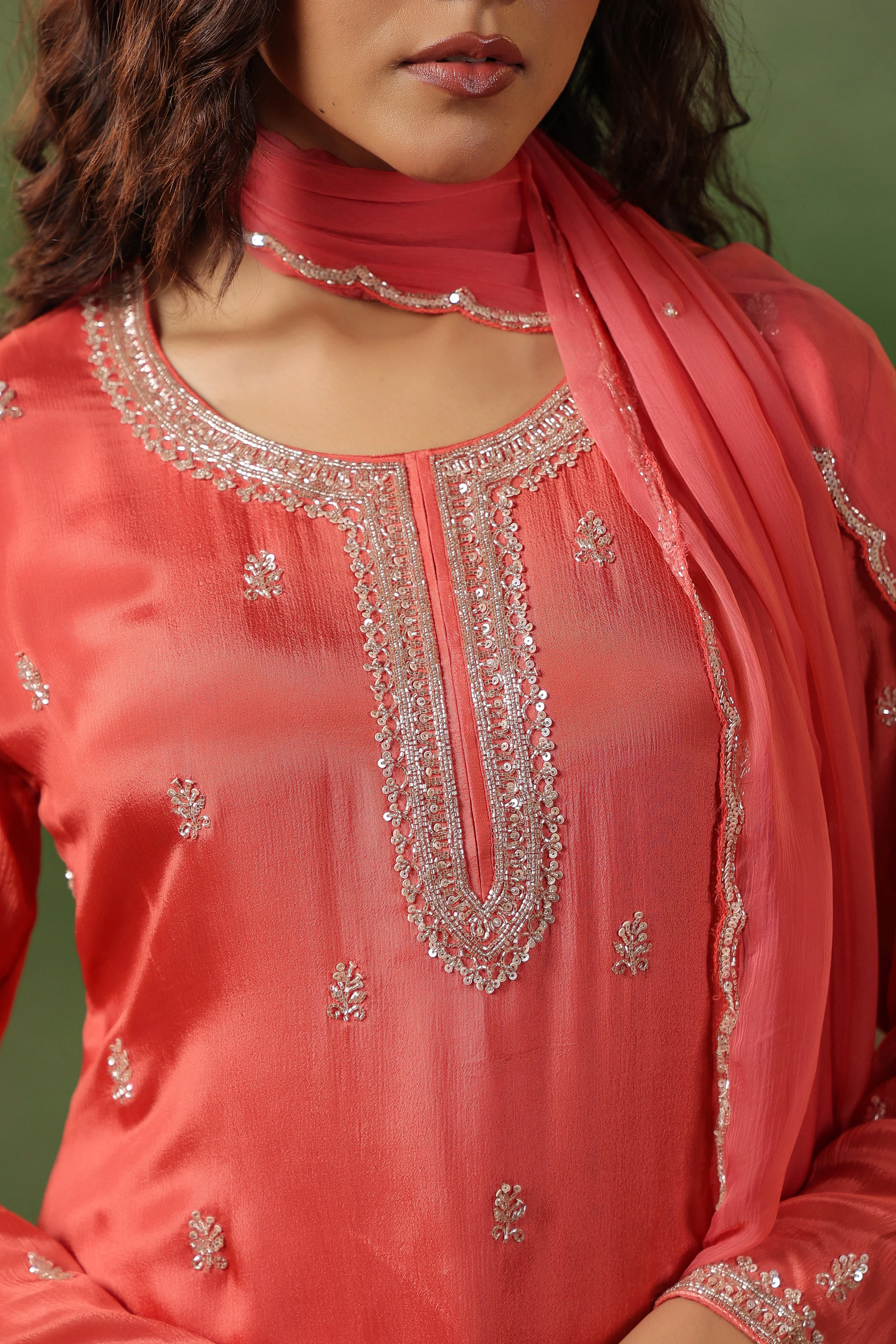 Coral Pink Embellished Chinon Silk Sharara Set - Image 2