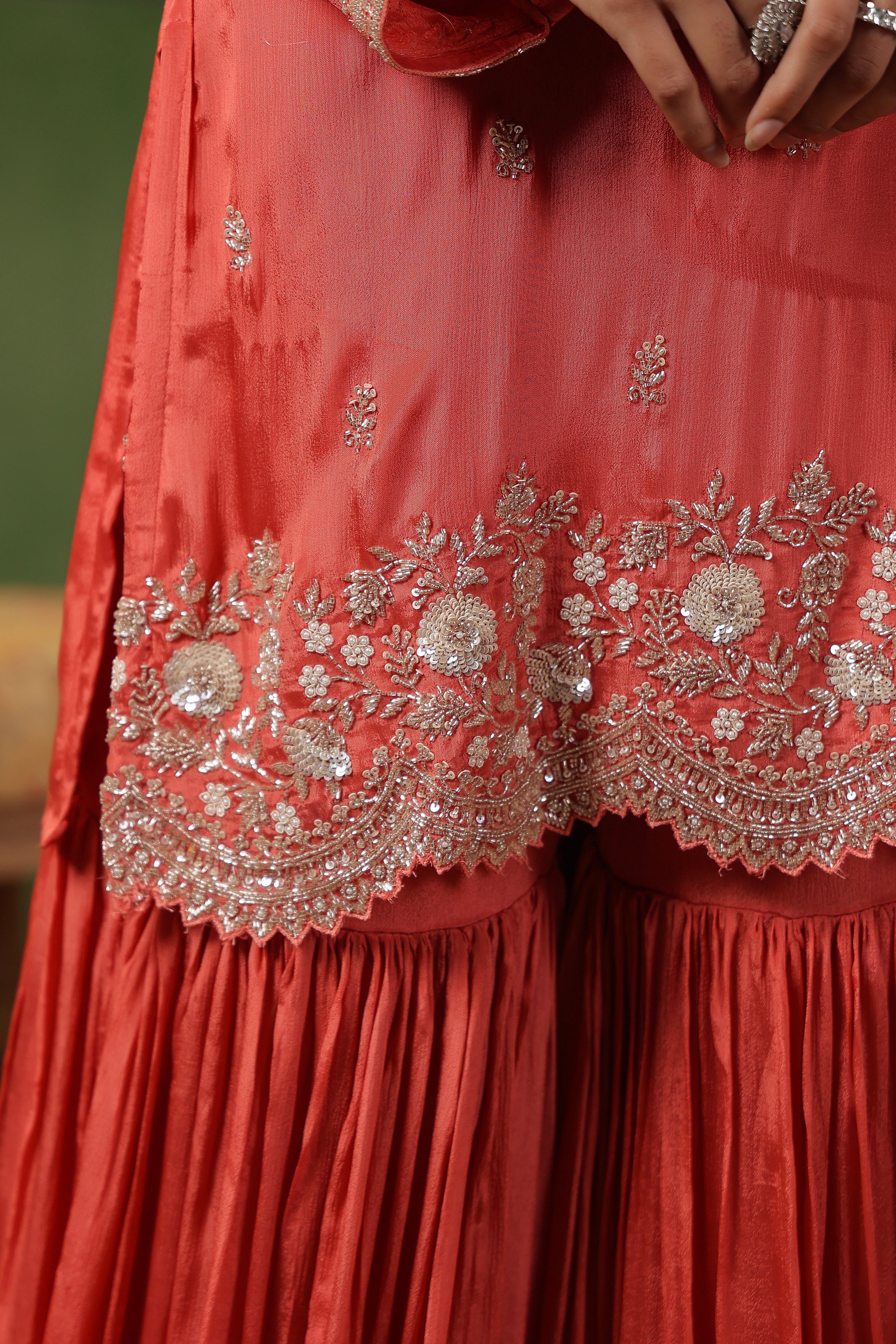Coral Pink Embellished Chinon Silk Sharara Set - Image 3