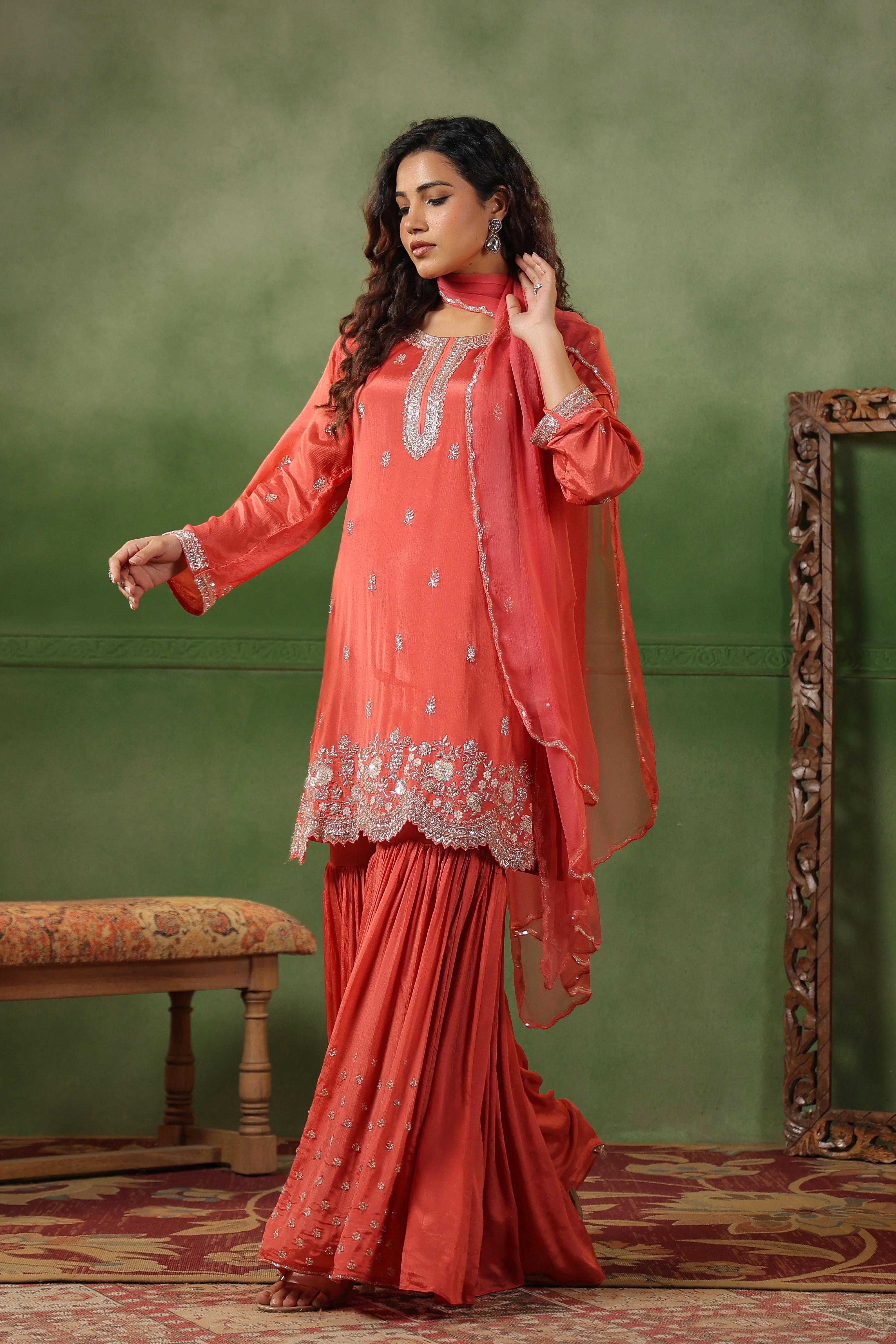 Coral Pink Embellished Chinon Silk Sharara Set - Image 5