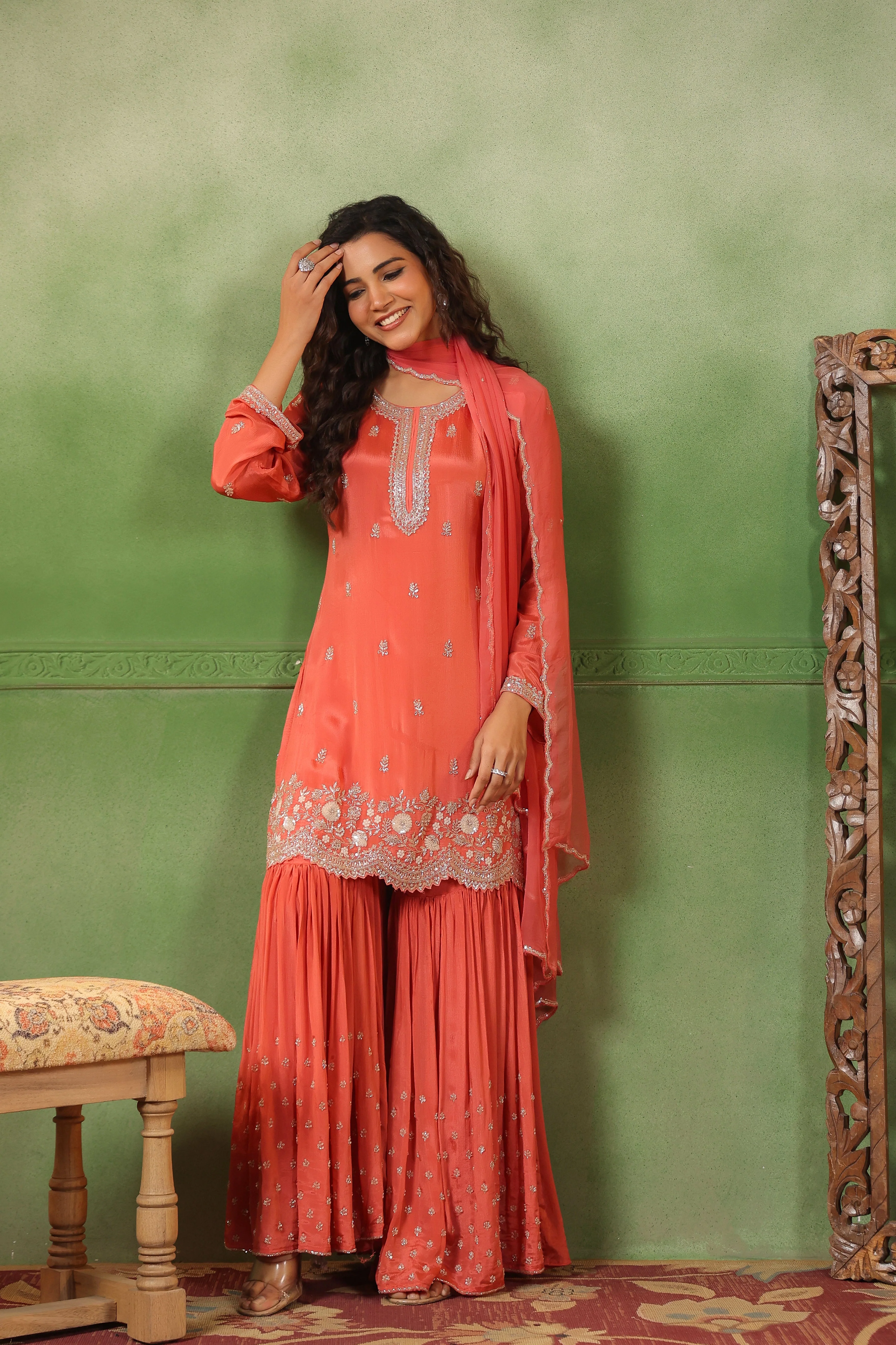 Coral Pink Embellished Chinon Silk Sharara Set - Image 6
