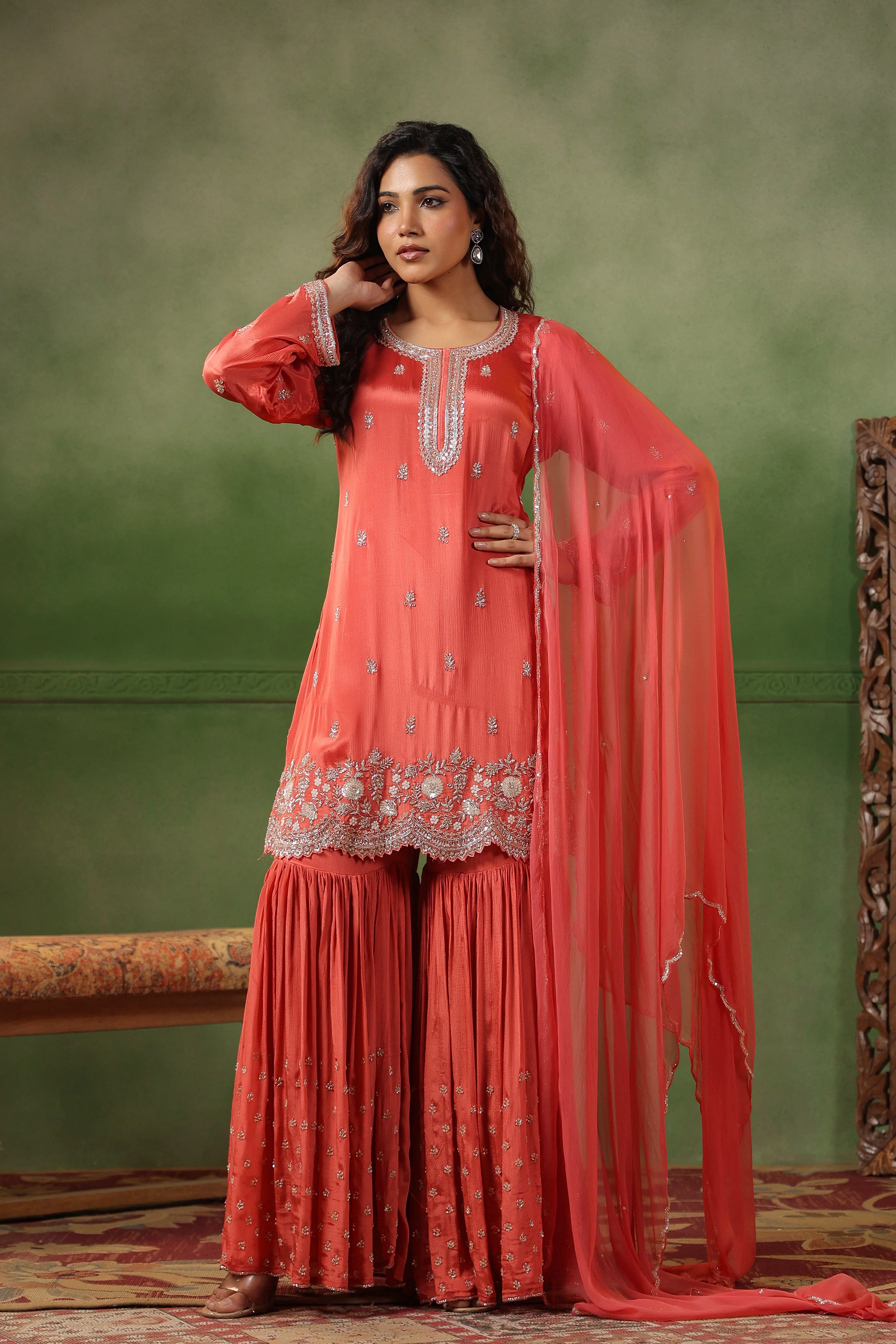 Coral Pink Embellished Chinon Silk Sharara Set - Image 7