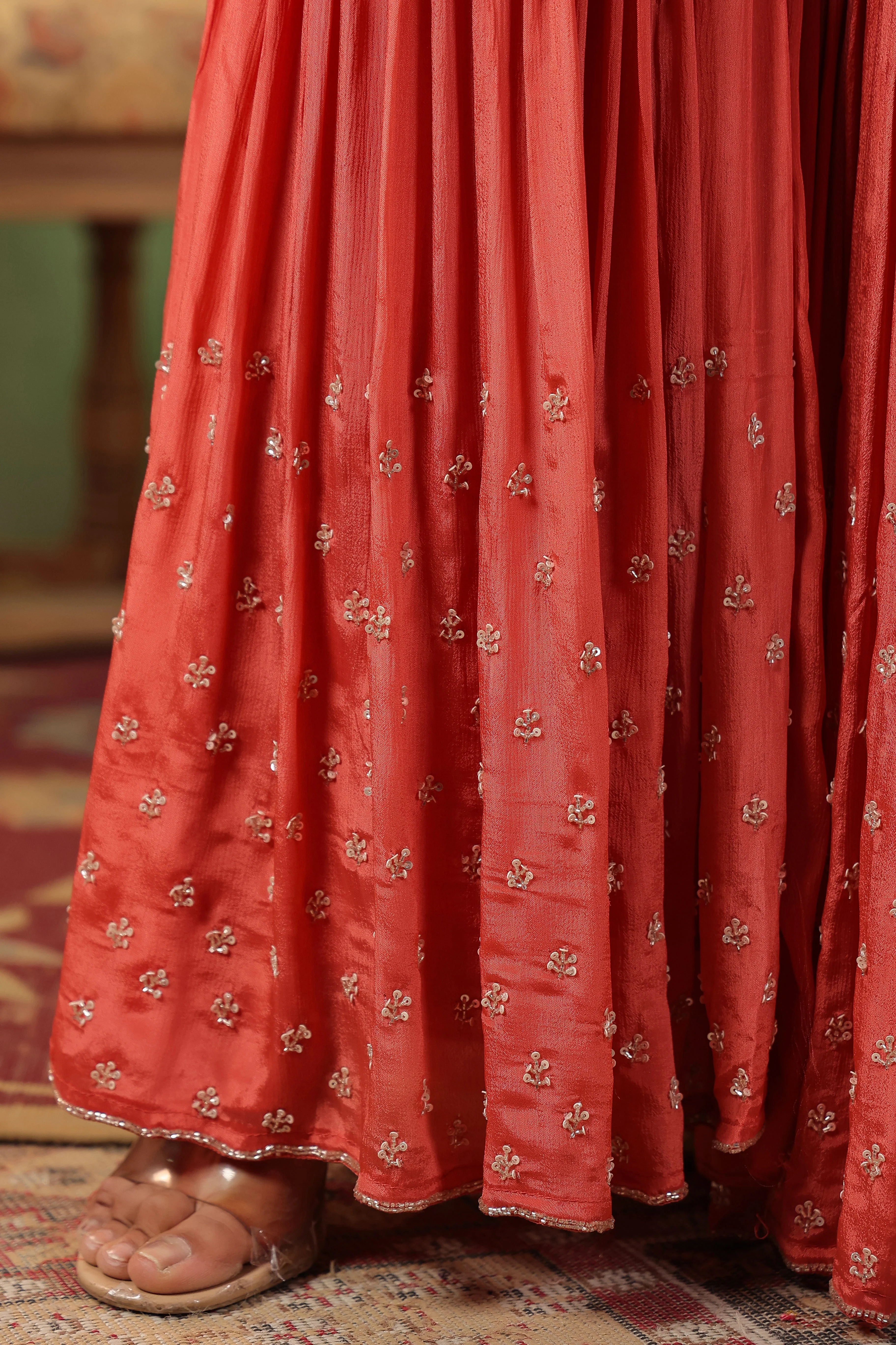 Coral Pink Embellished Chinon Silk Sharara Set - Image 8