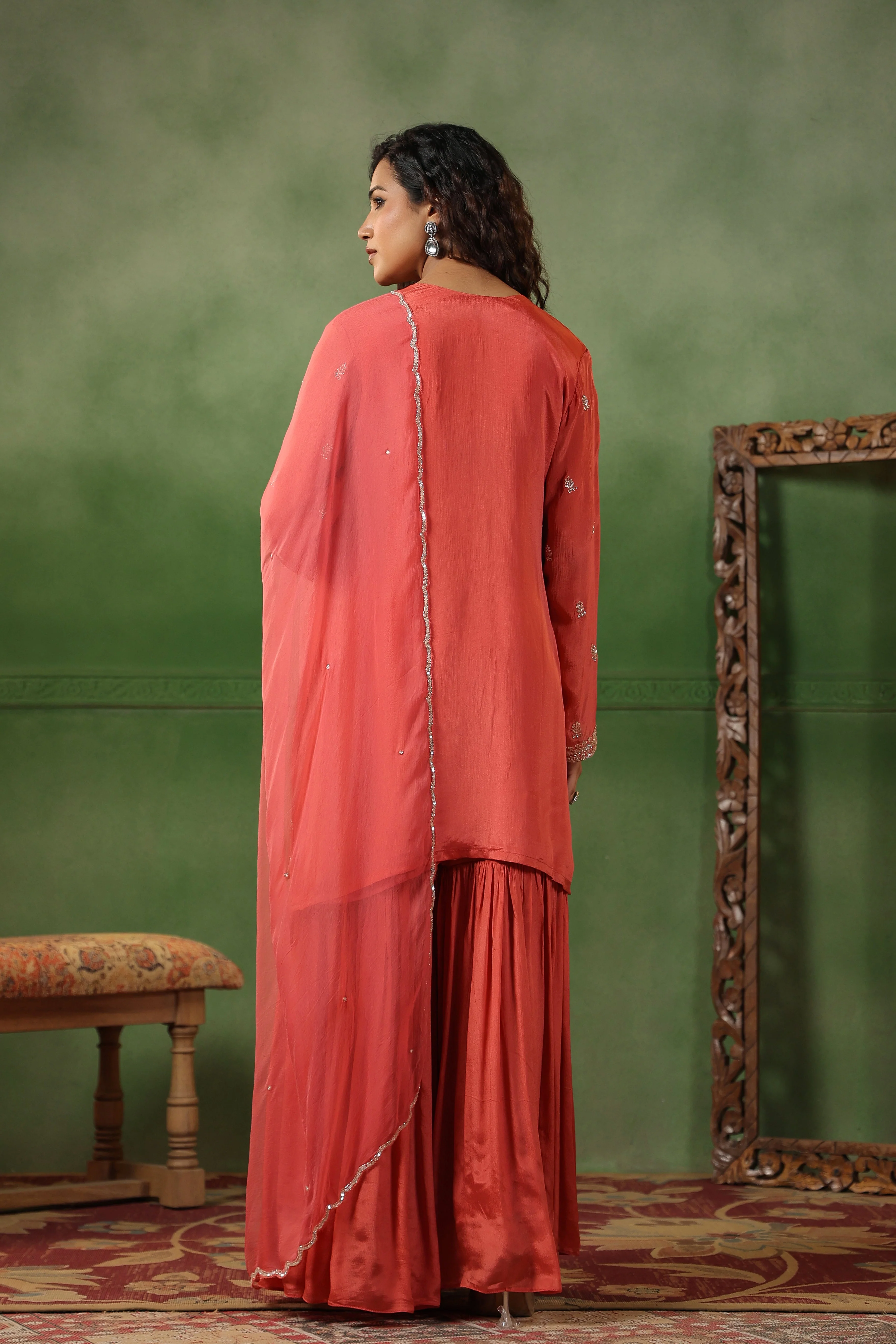 Coral Pink Embellished Chinon Silk Sharara Set - Image 9