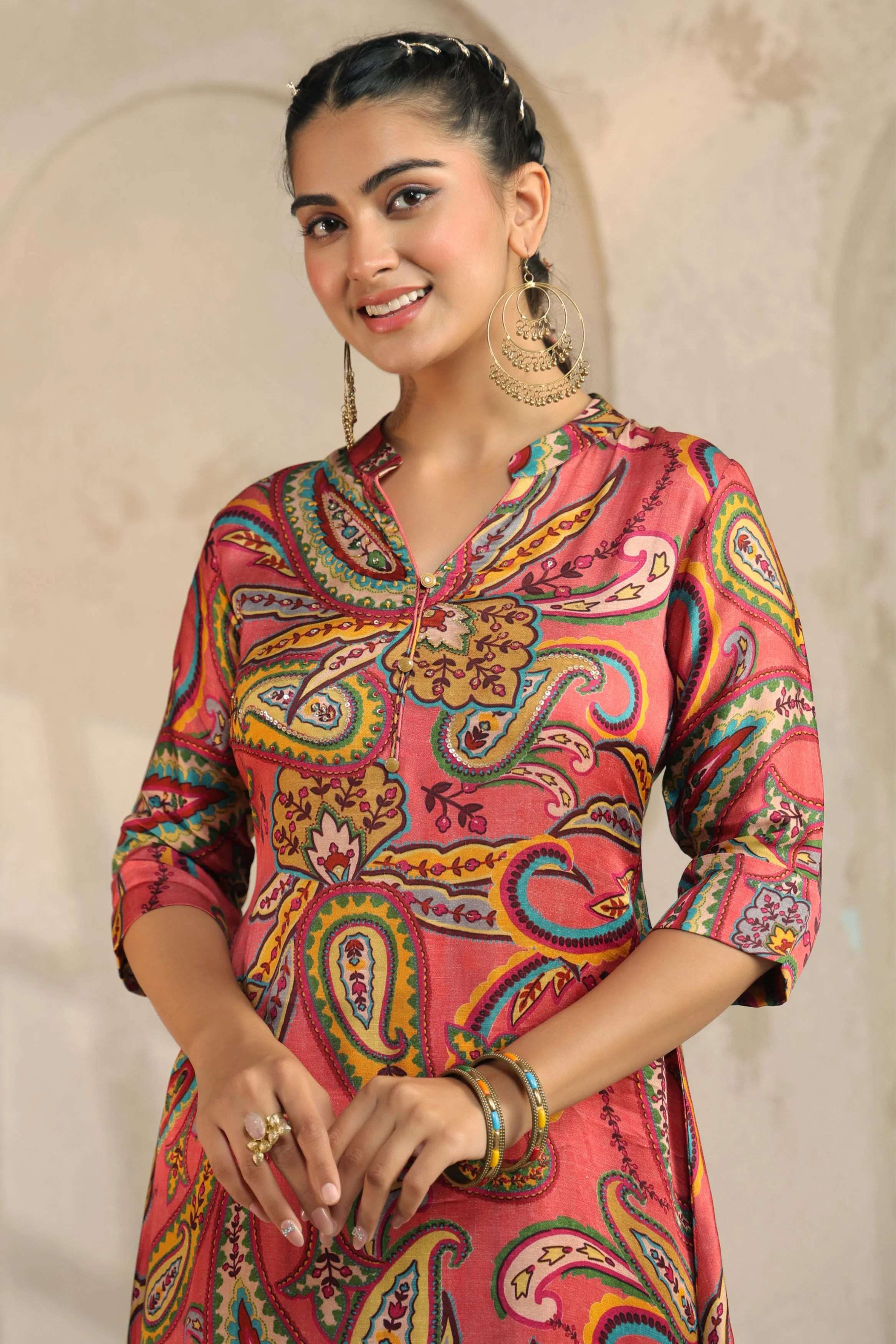 Coral Pink Printed Linen Satin Silk Kurta Set - Image 2