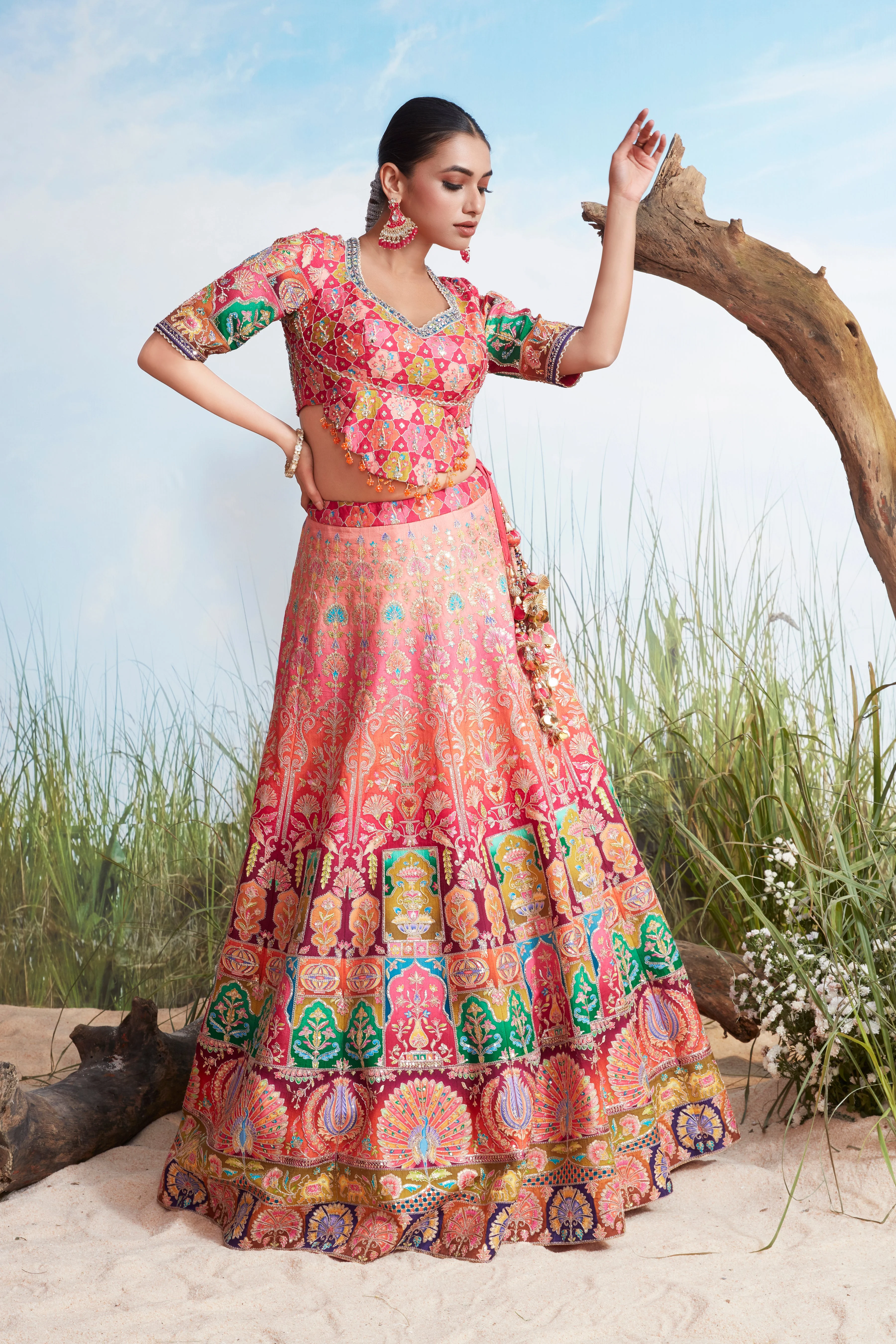 Coral Pink Printed Premium Silk Lehenga Set - Image 2