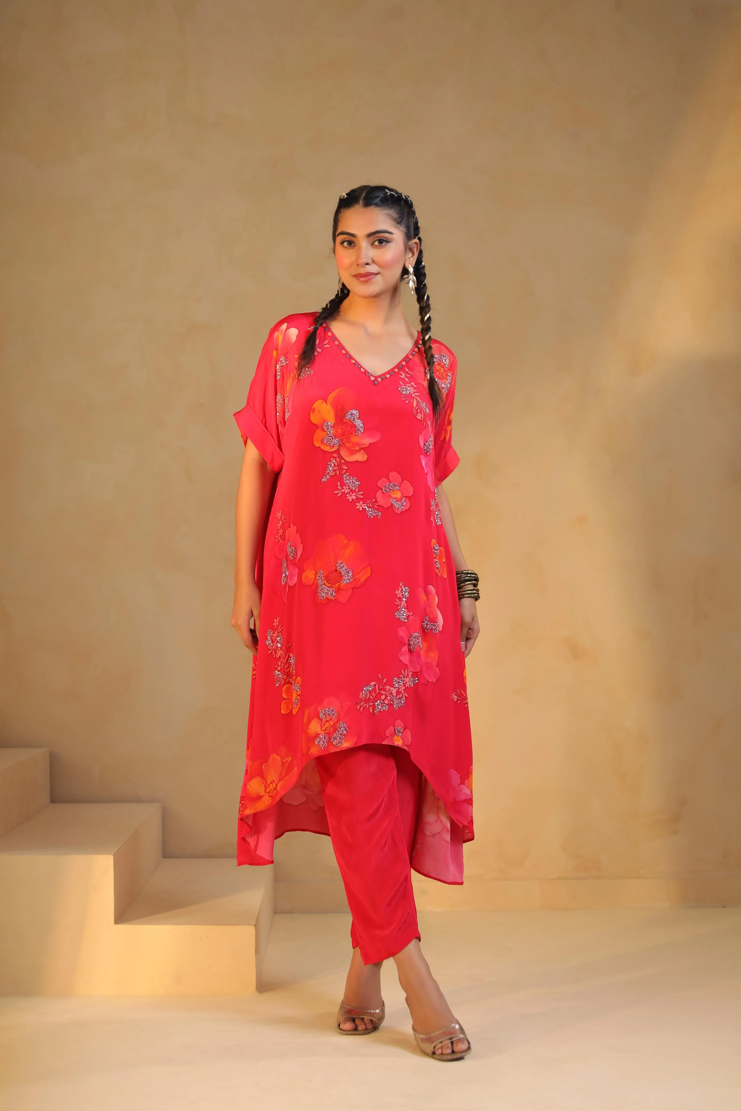 Coral Pink Printed Viscose Crepe Kurta Set