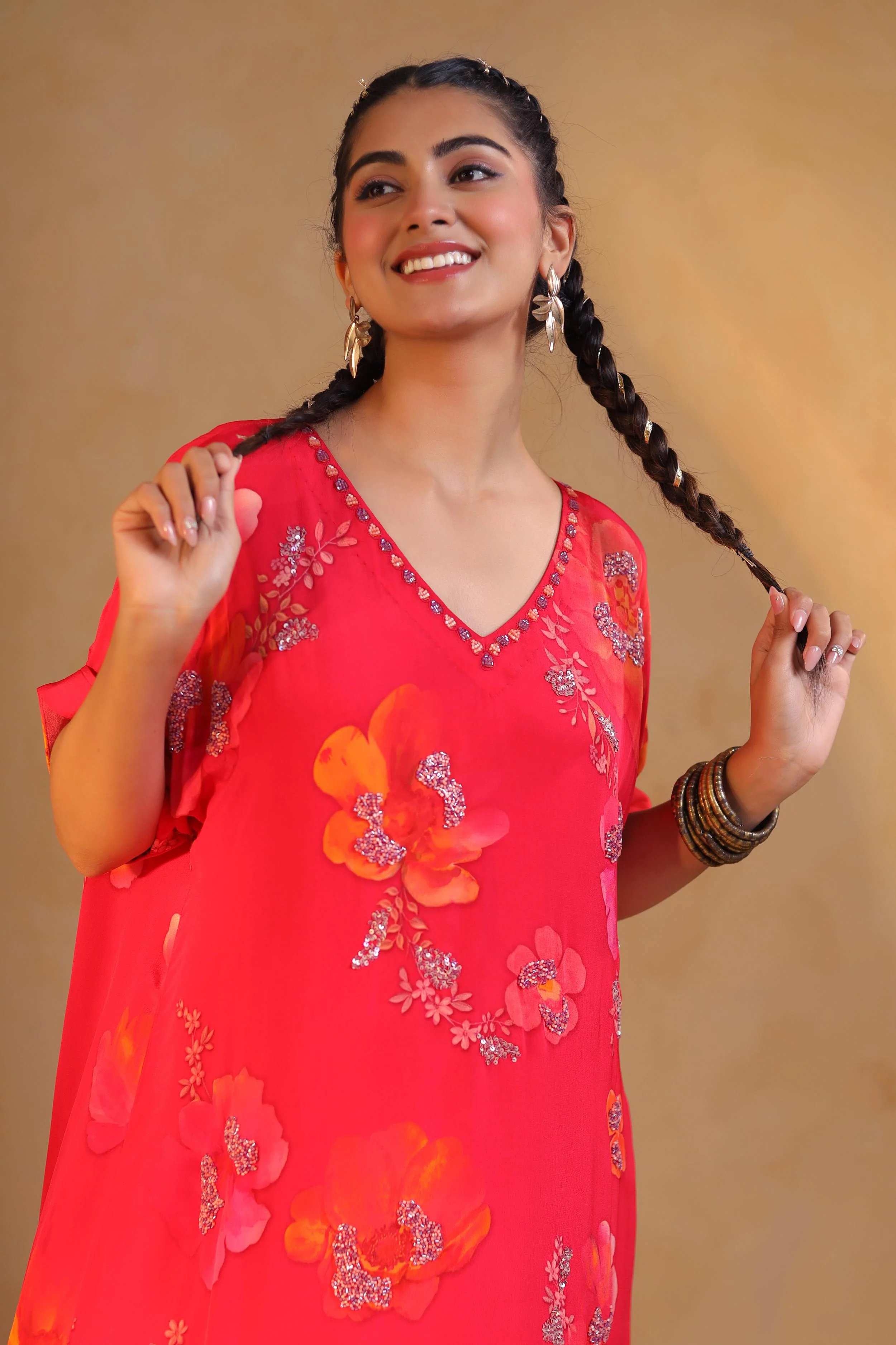 Coral Pink Printed Viscose Crepe Kurta Set - Image 2