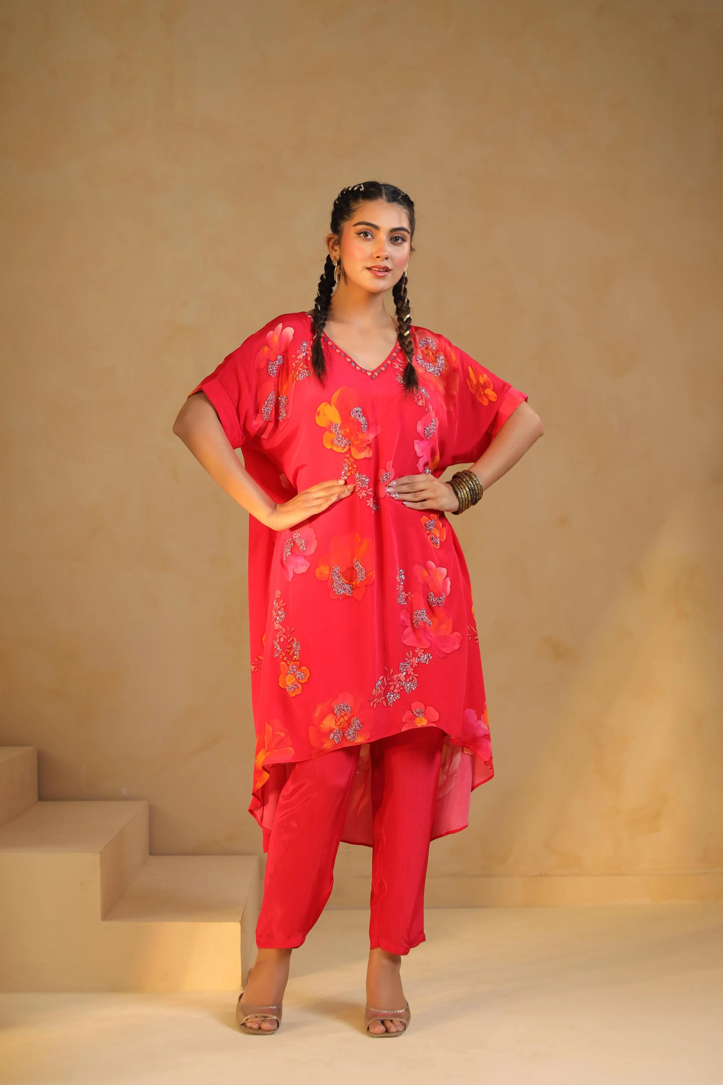 Coral Pink Printed Viscose Crepe Kurta Set - Image 3