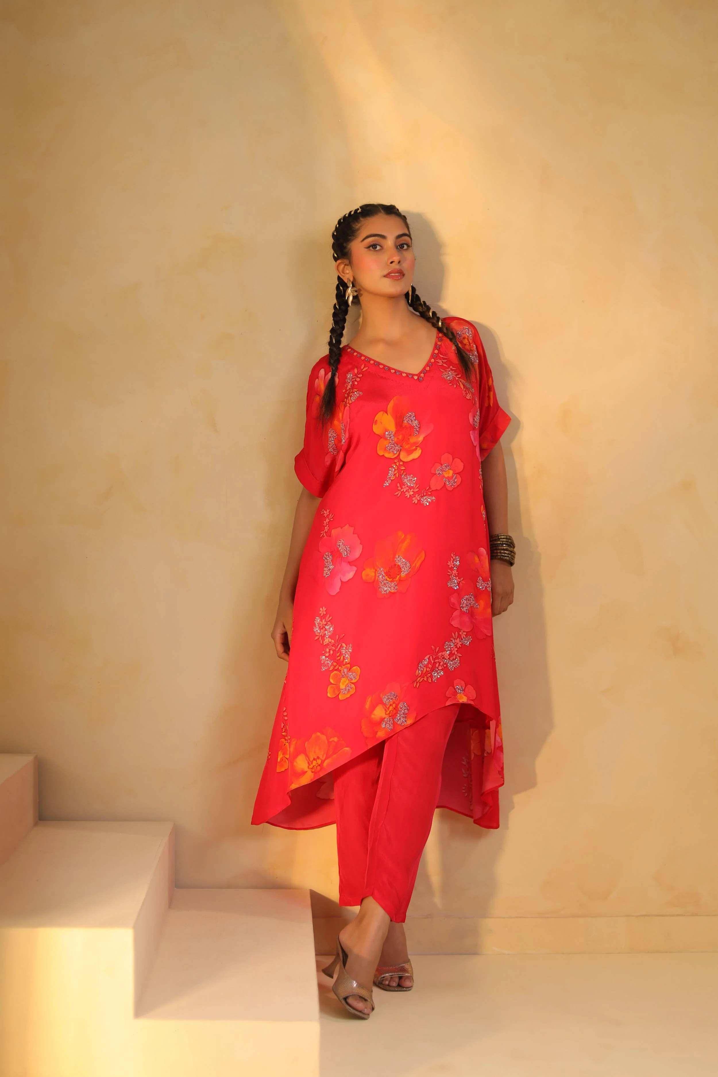 Coral Pink Printed Viscose Crepe Kurta Set - Image 4