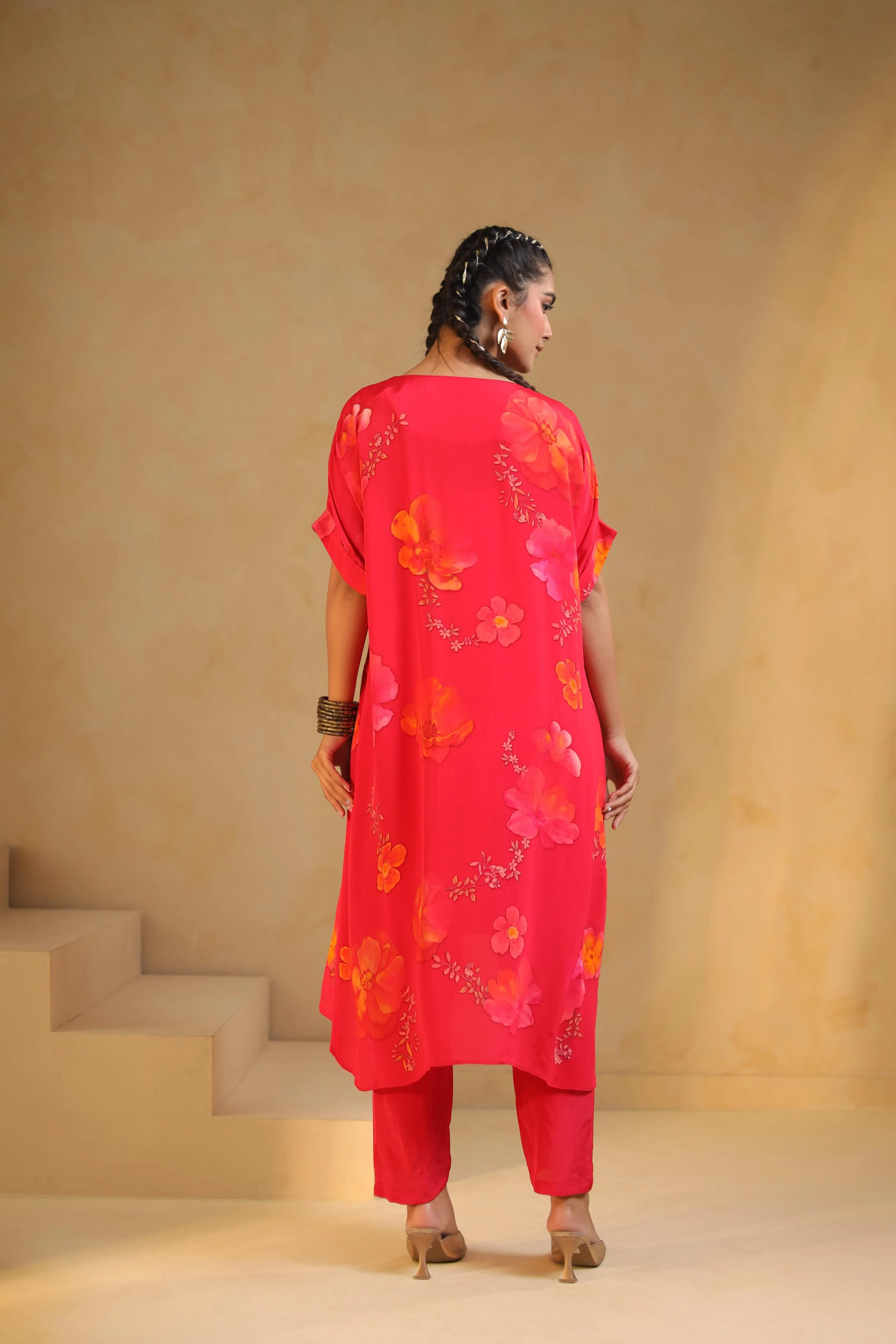 Coral Pink Printed Viscose Crepe Kurta Set - Image 5