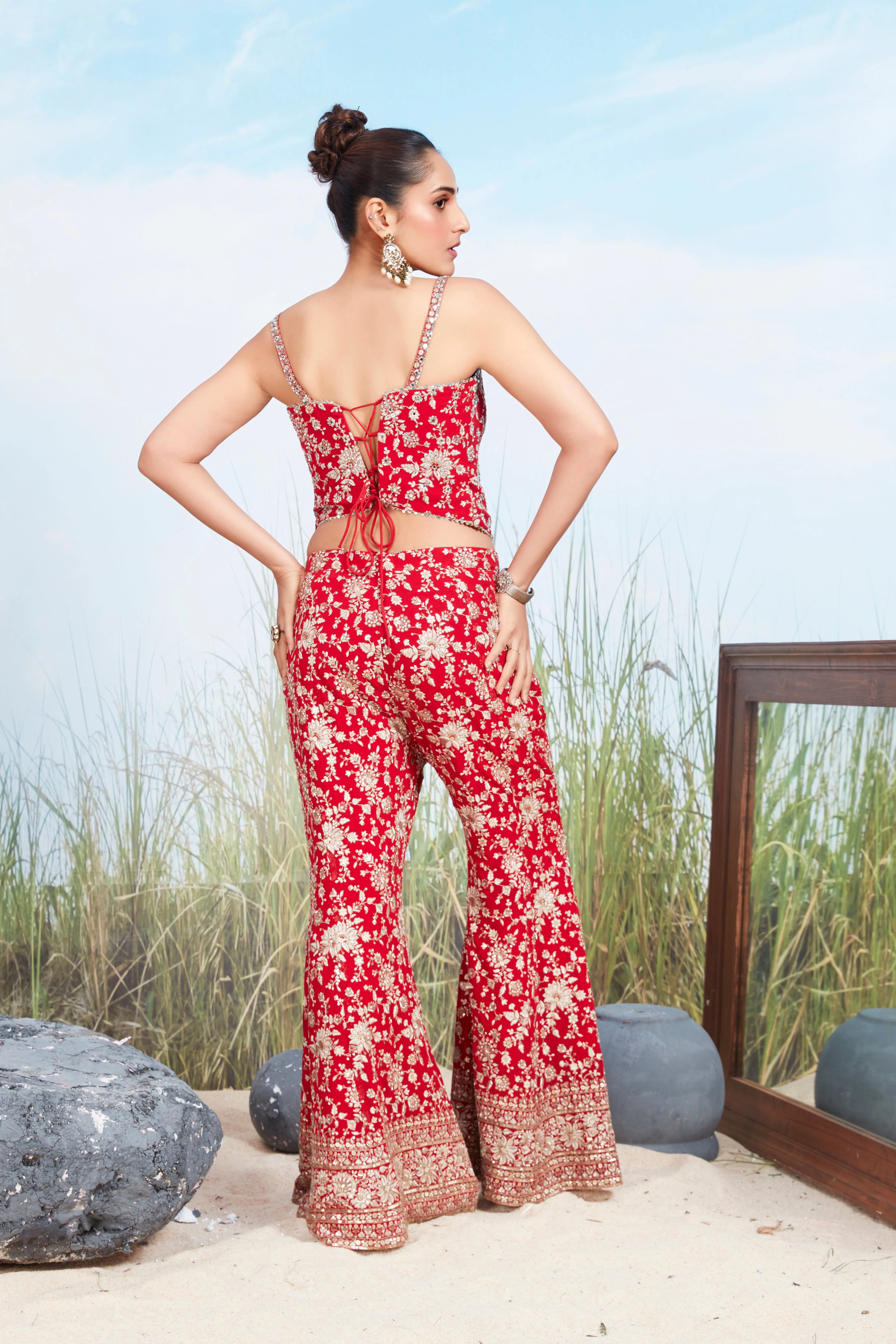 Vivid Red Embellished Georgette Silk Co-Ord Set - Image 2