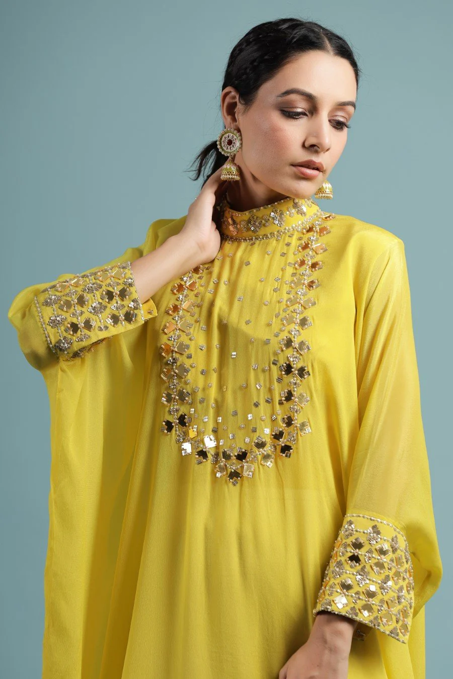 Corn Yellow Crystal Georgette Kaftan Tunic with Palazzo - Image 2
