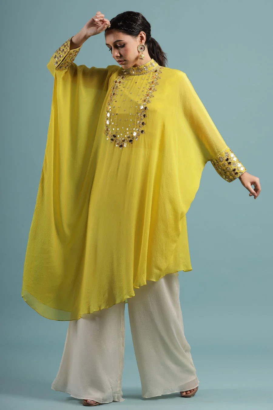 Corn Yellow Crystal Georgette Kaftan Tunic with Palazzo - Image 3