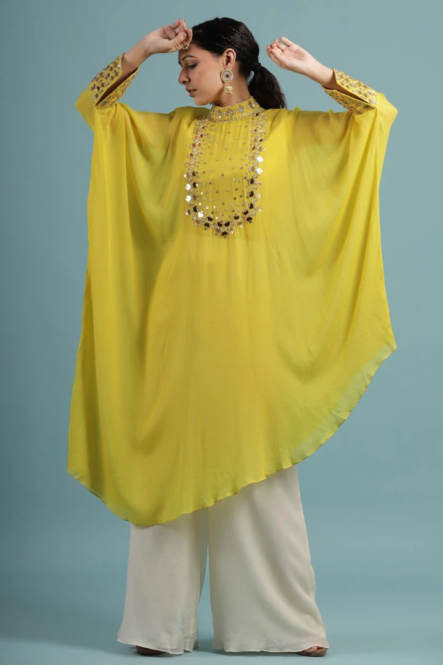Corn Yellow Crystal Georgette Kaftan Tunic with Palazzo - Image 4