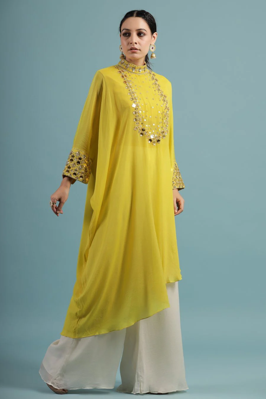 Corn Yellow Crystal Georgette Kaftan Tunic with Palazzo - Image 5