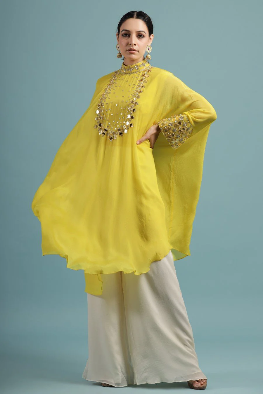 Corn Yellow Crystal Georgette Kaftan Tunic with Palazzo - Image 7