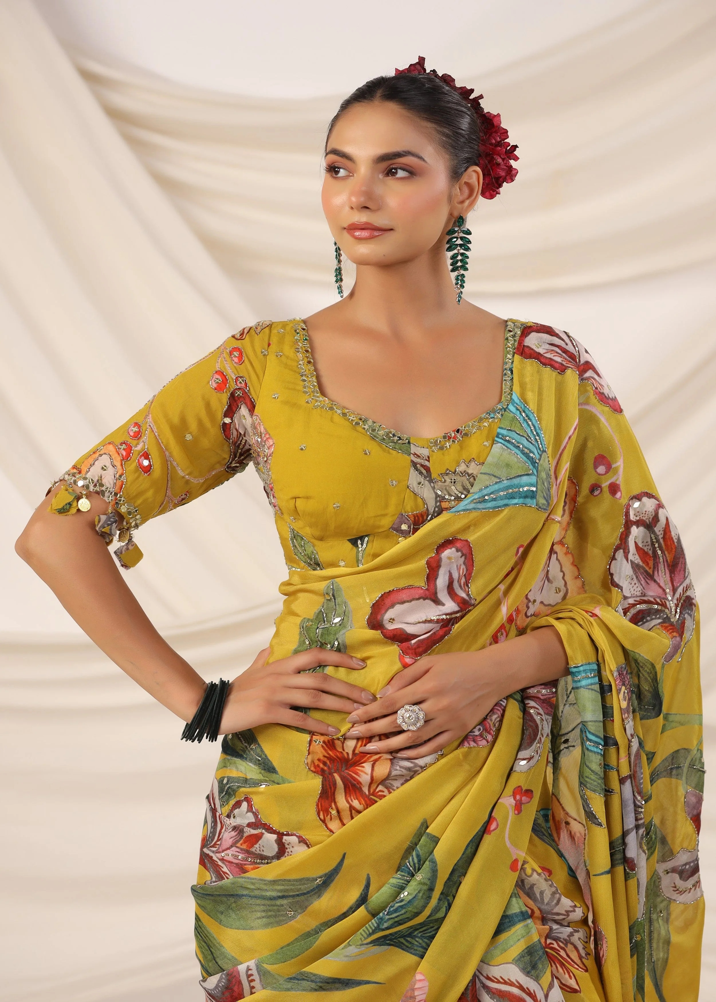 Corn Yellow Embellished Chinon Silk Saree - Image 2