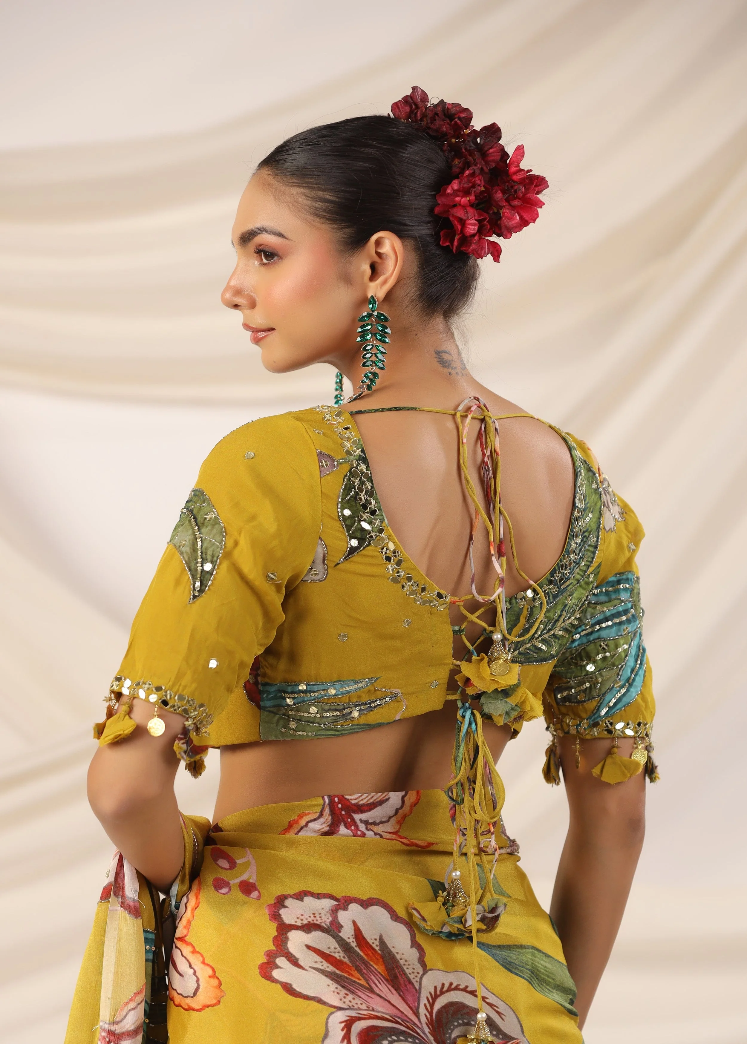 Corn Yellow Embellished Chinon Silk Saree - Image 3