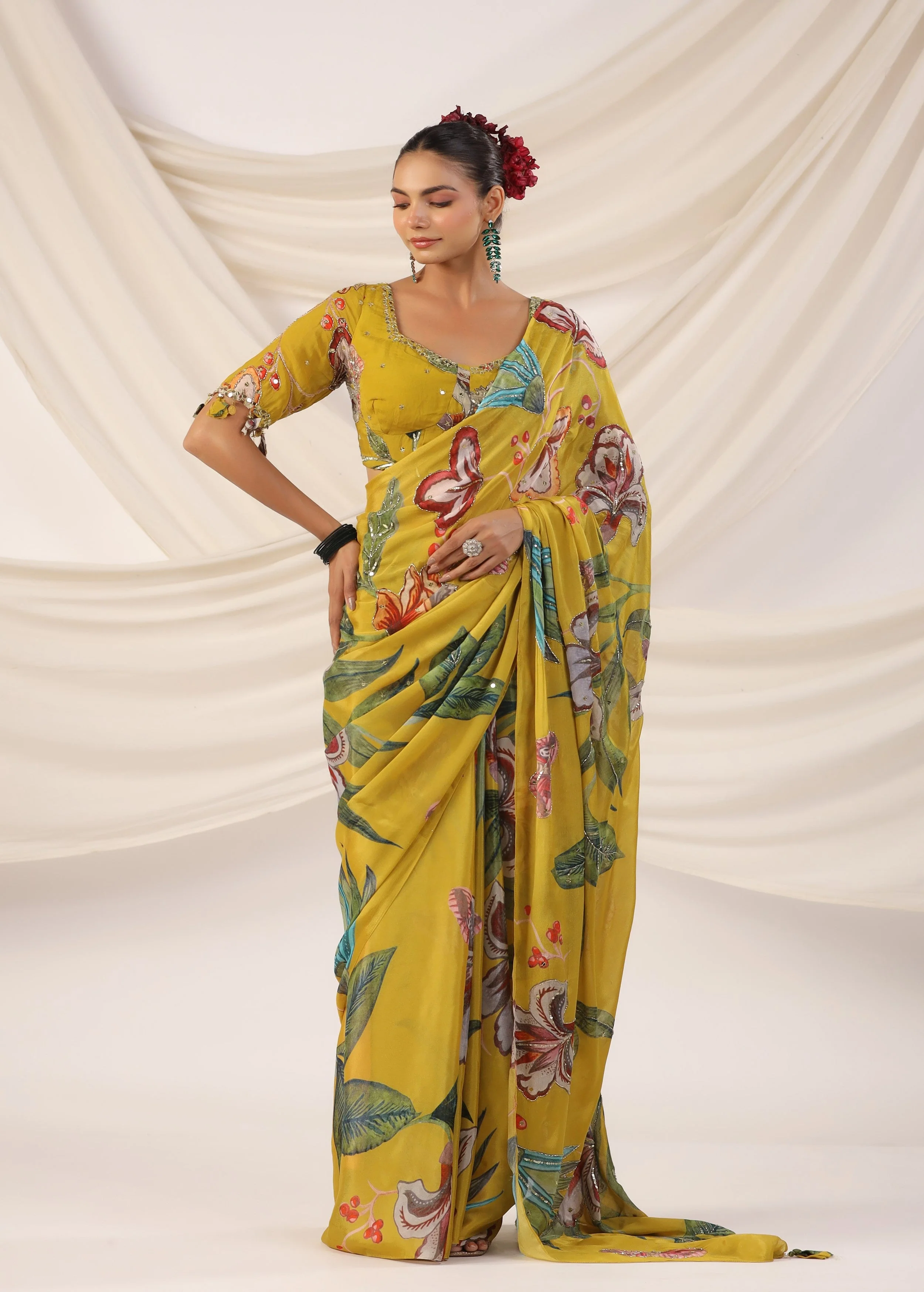 Corn Yellow Embellished Chinon Silk Saree - Image 4