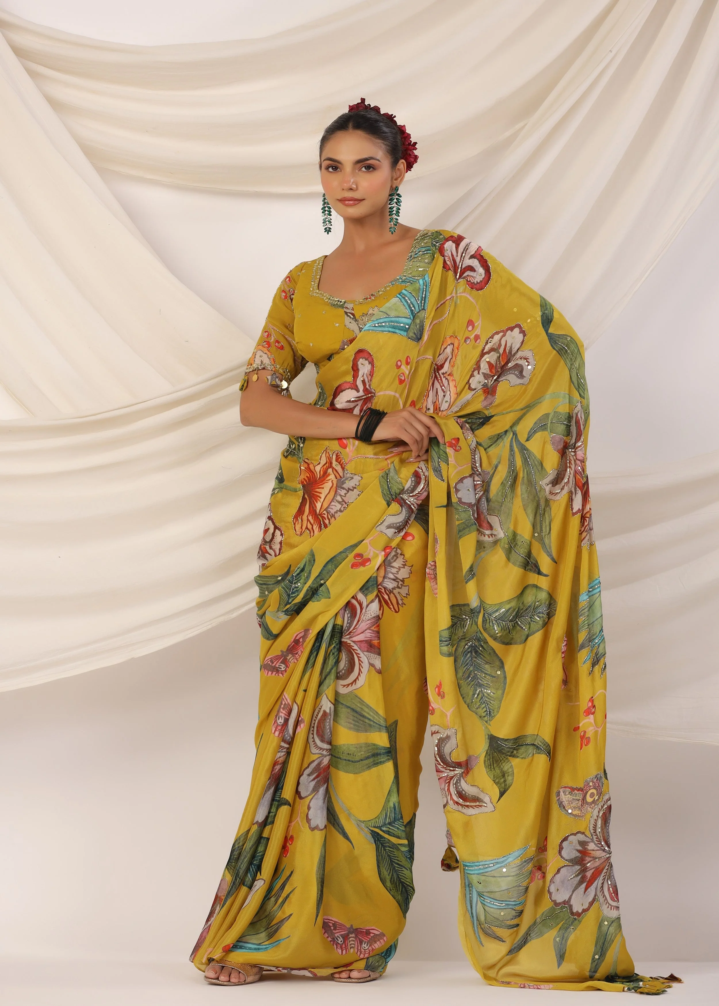Corn Yellow Embellished Chinon Silk Saree - Image 5