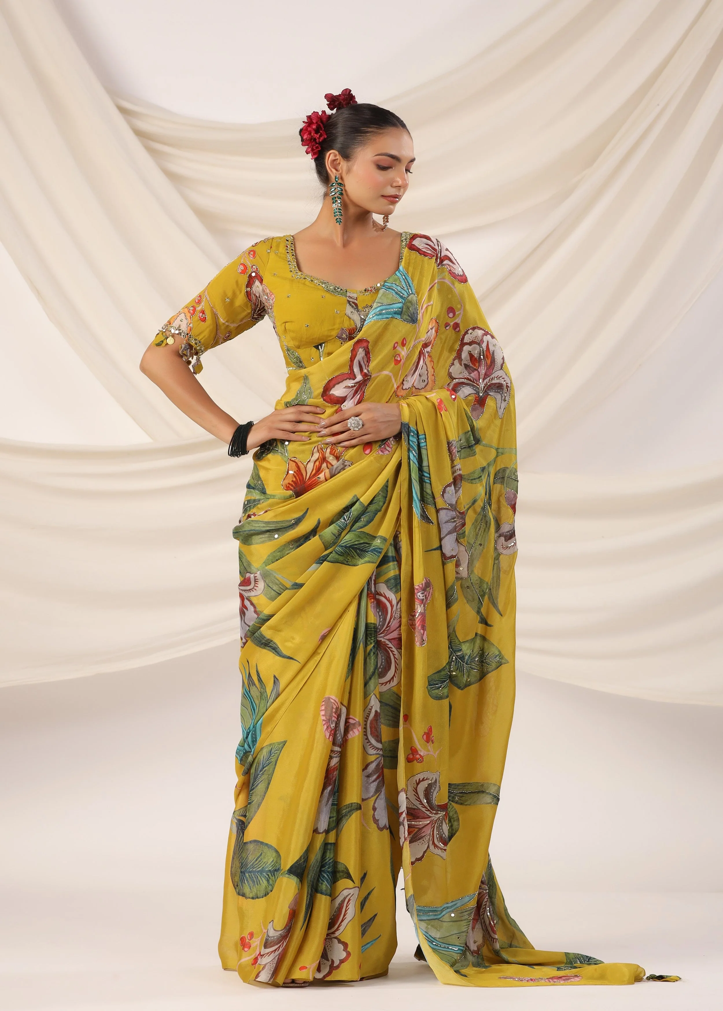 Corn Yellow Embellished Chinon Silk Saree - Image 6