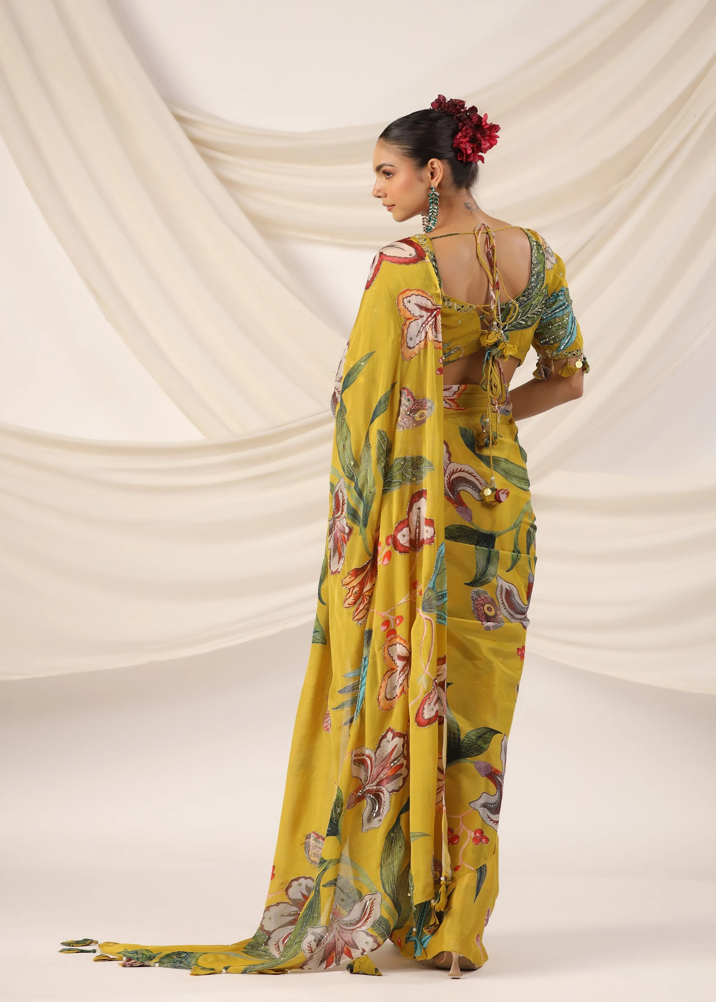 Corn Yellow Embellished Chinon Silk Saree - Image 7